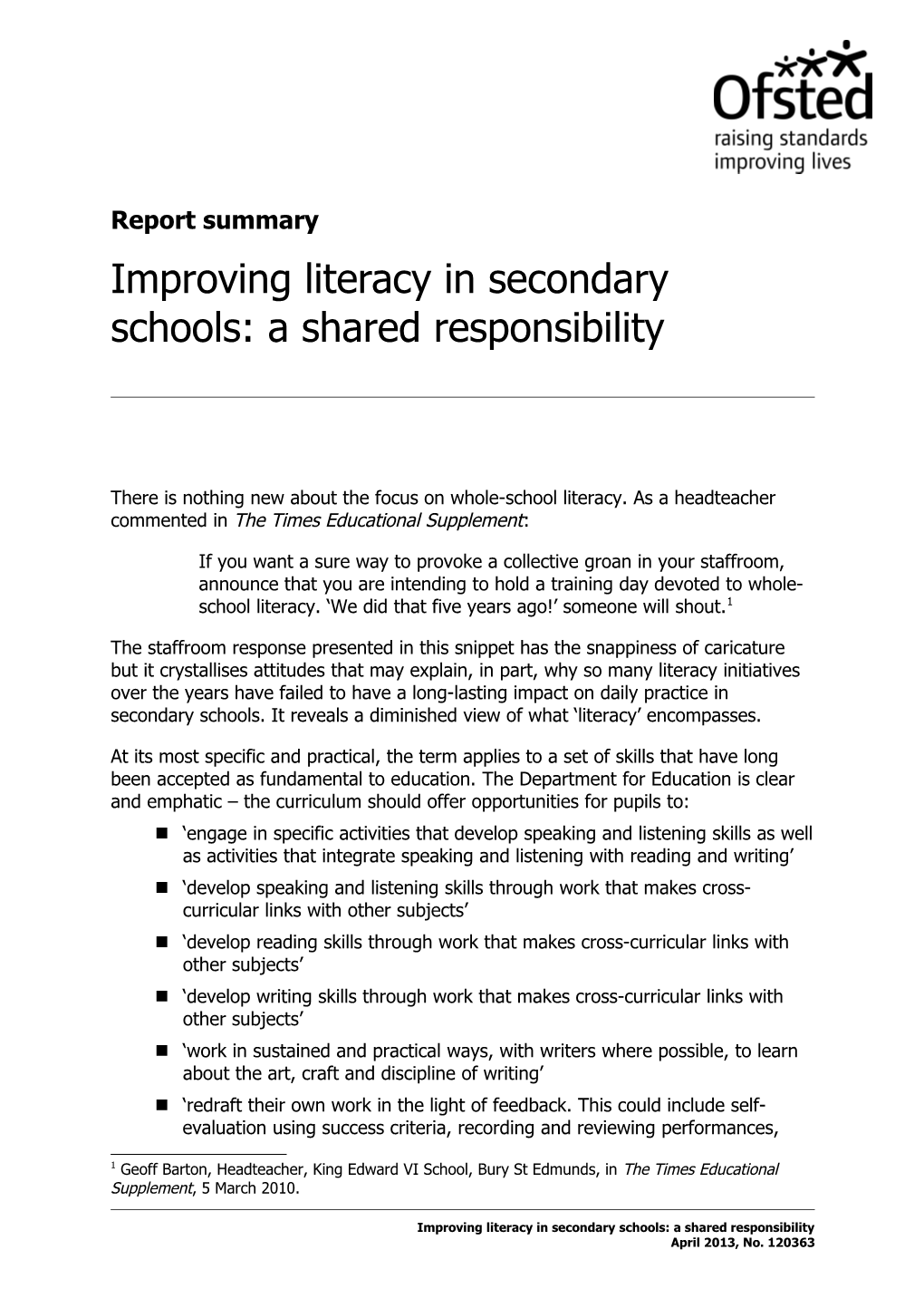 Improving Literacy in Secondary Schools: a Shared Responsibility