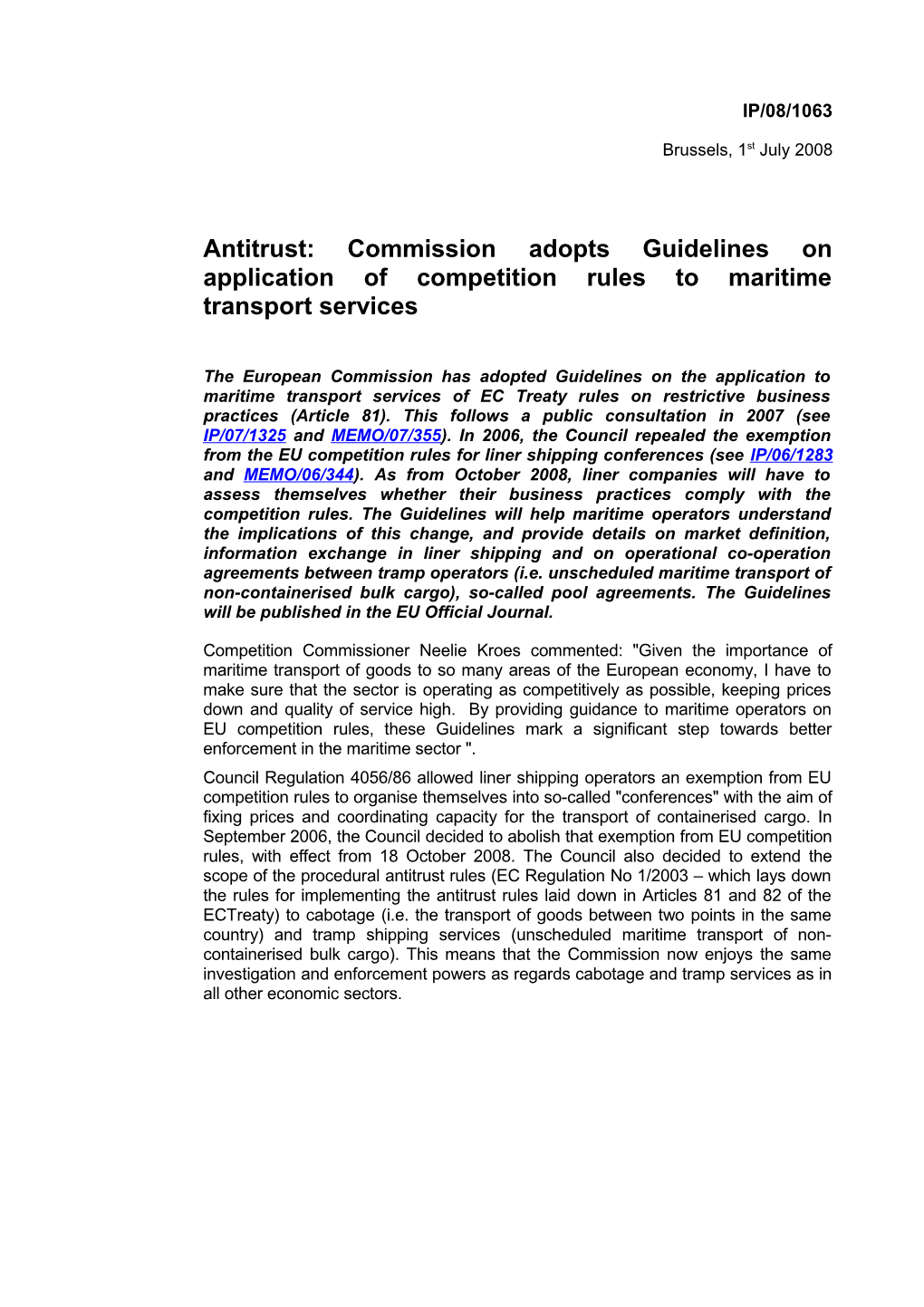 Antitrust: Commission Adopts Guidelines on Application Ofcompetition Rules to Maritime