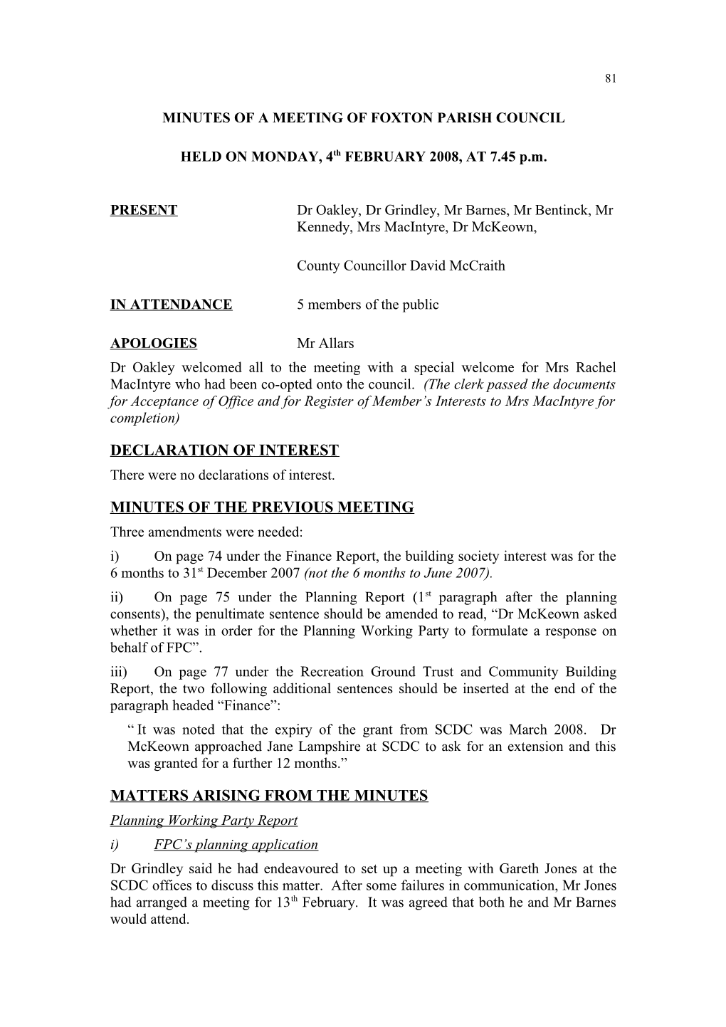 Minutes of a Meeting of Foxton Parish Council