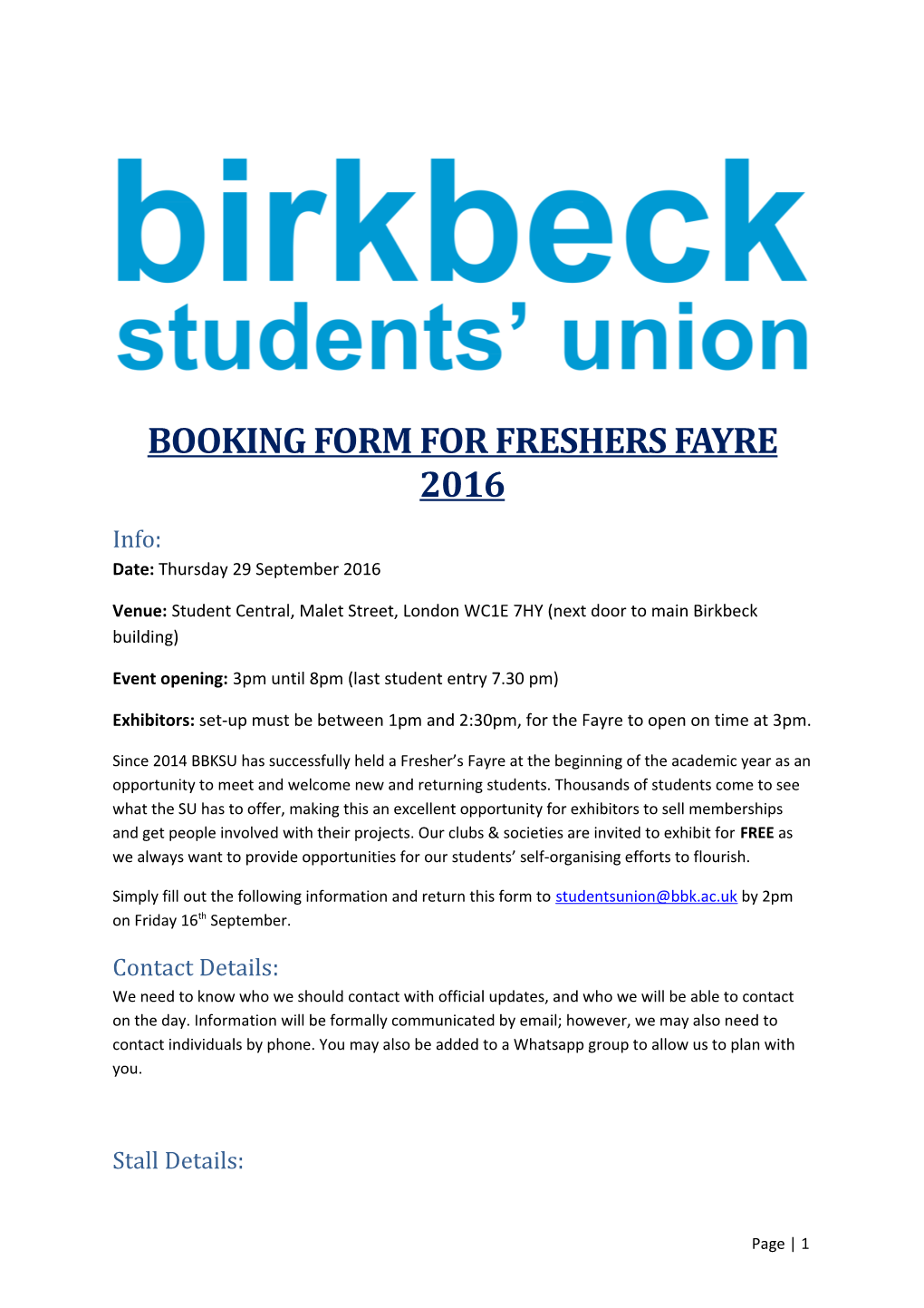 Booking Form for Freshers Fayre 2016