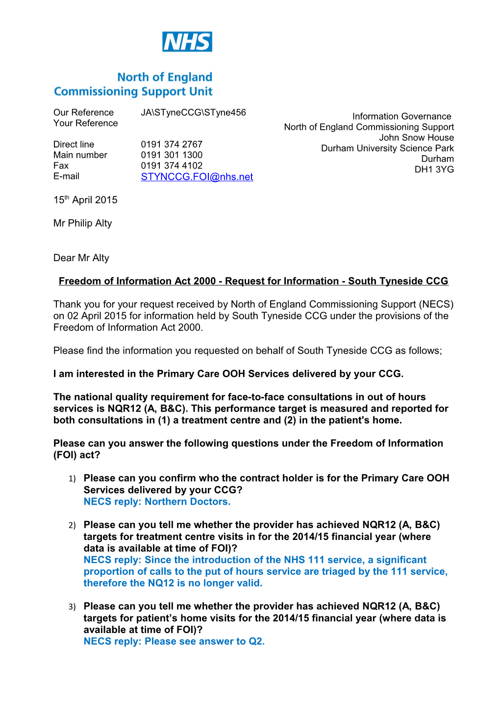 Freedom of Information Act 2000 - Request for Information - South Tyneside CCG