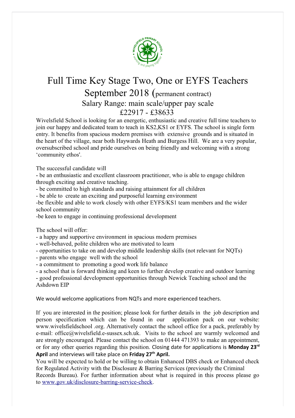 Full Time Key Stage Two, One Or EYFS Teachers