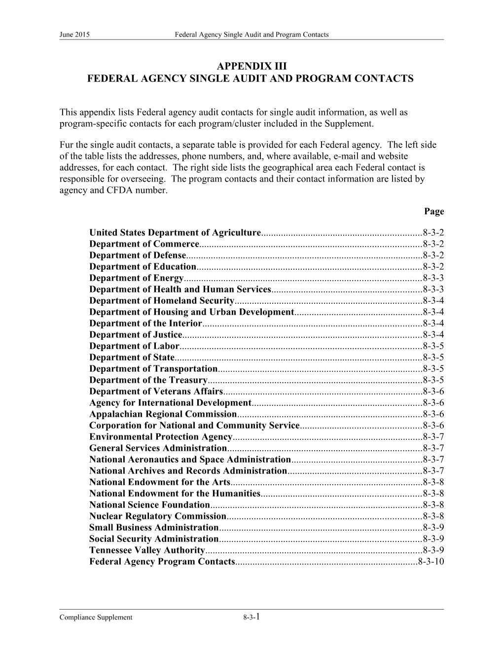 June 2015 Federal Agency Single Audit and Program Contacts