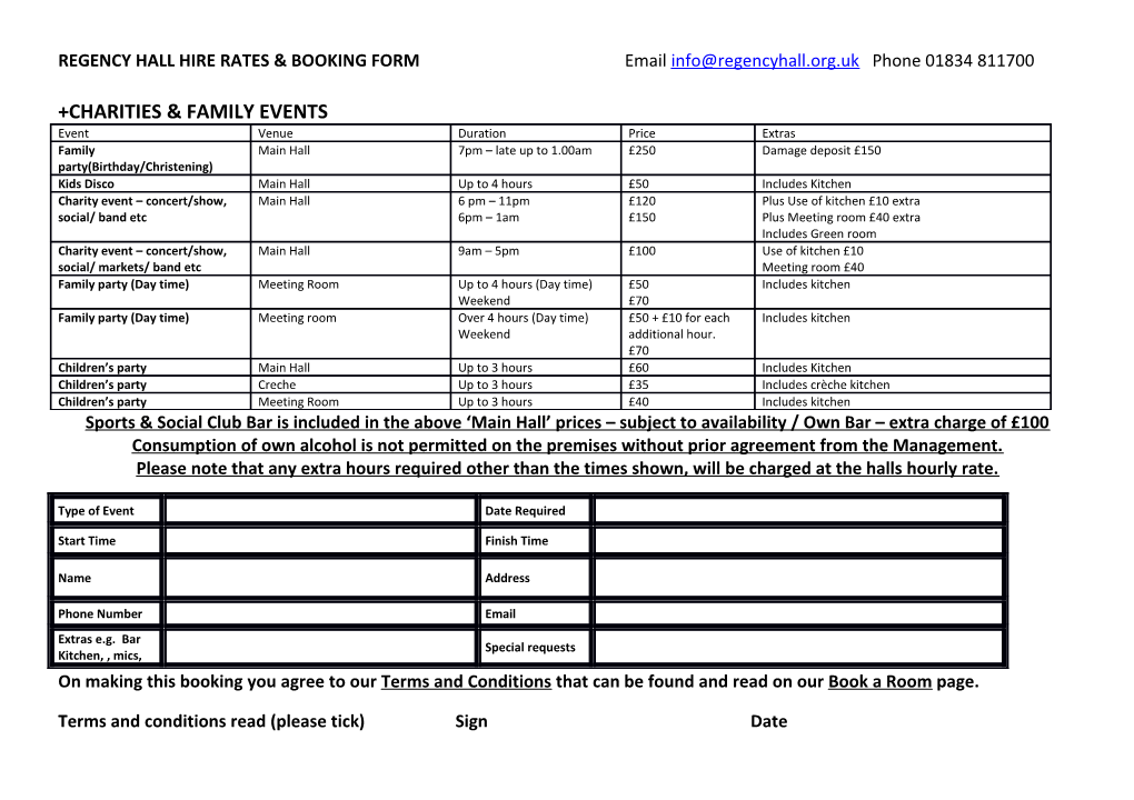 REGENCY HALL HIRE RATES & BOOKING FORM Email Phone 01834 811700