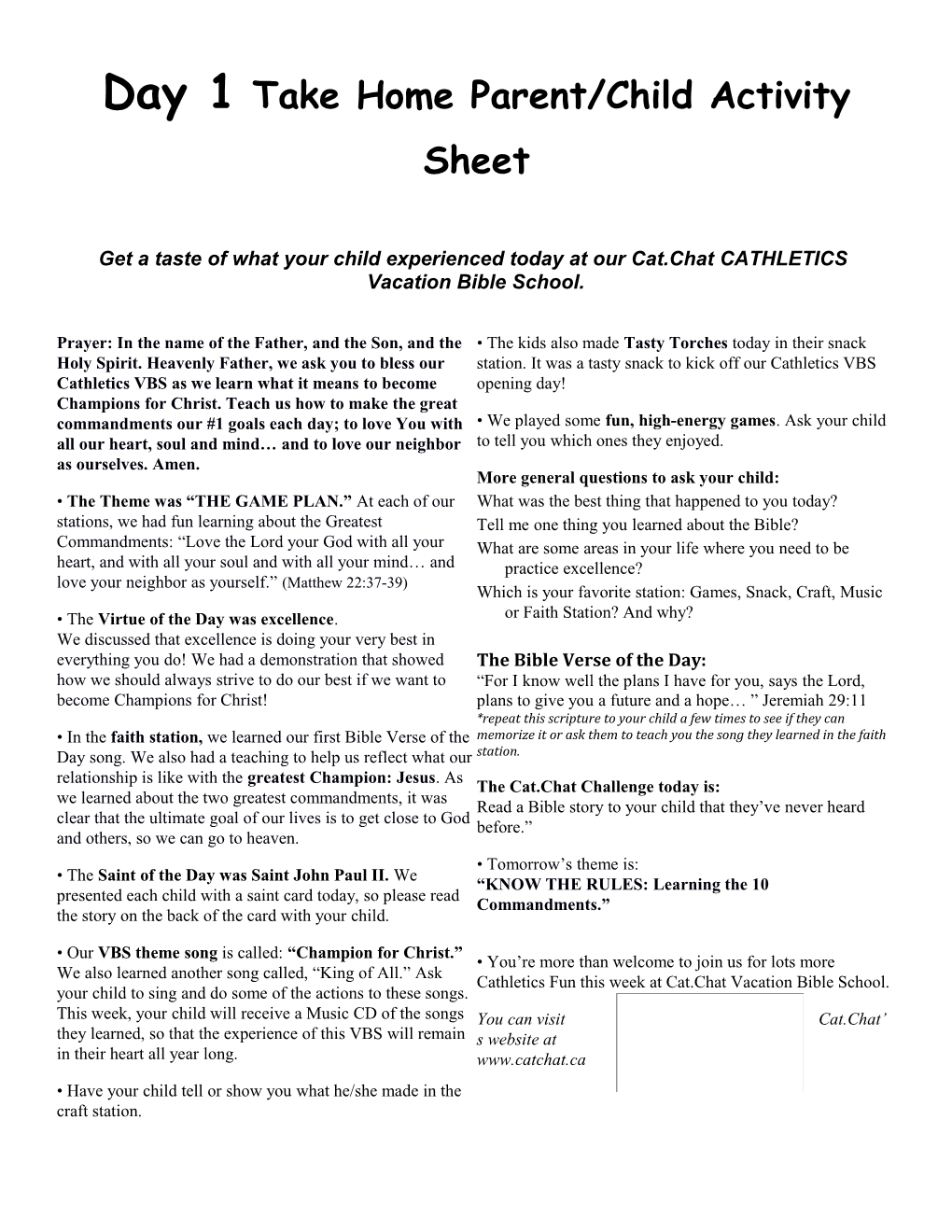 Day 1 Take Home Parent/Child Activity Sheet