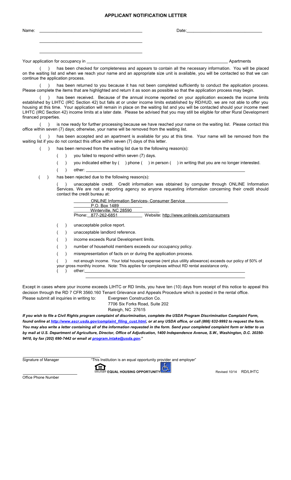 Applicant Notification Letter