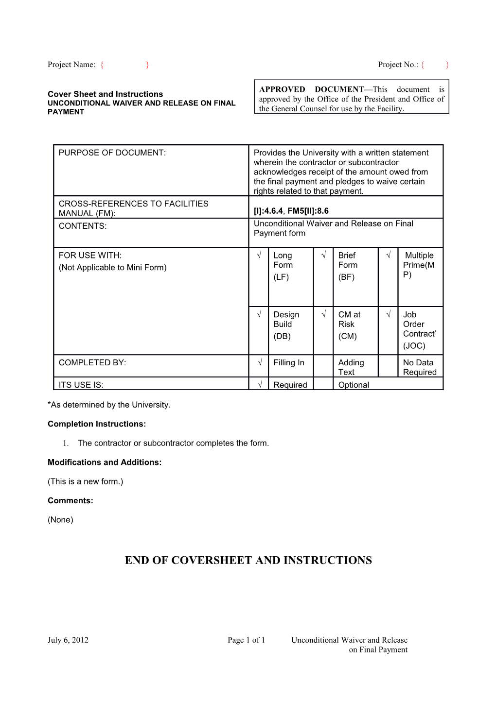 Cover Sheet and Instructions