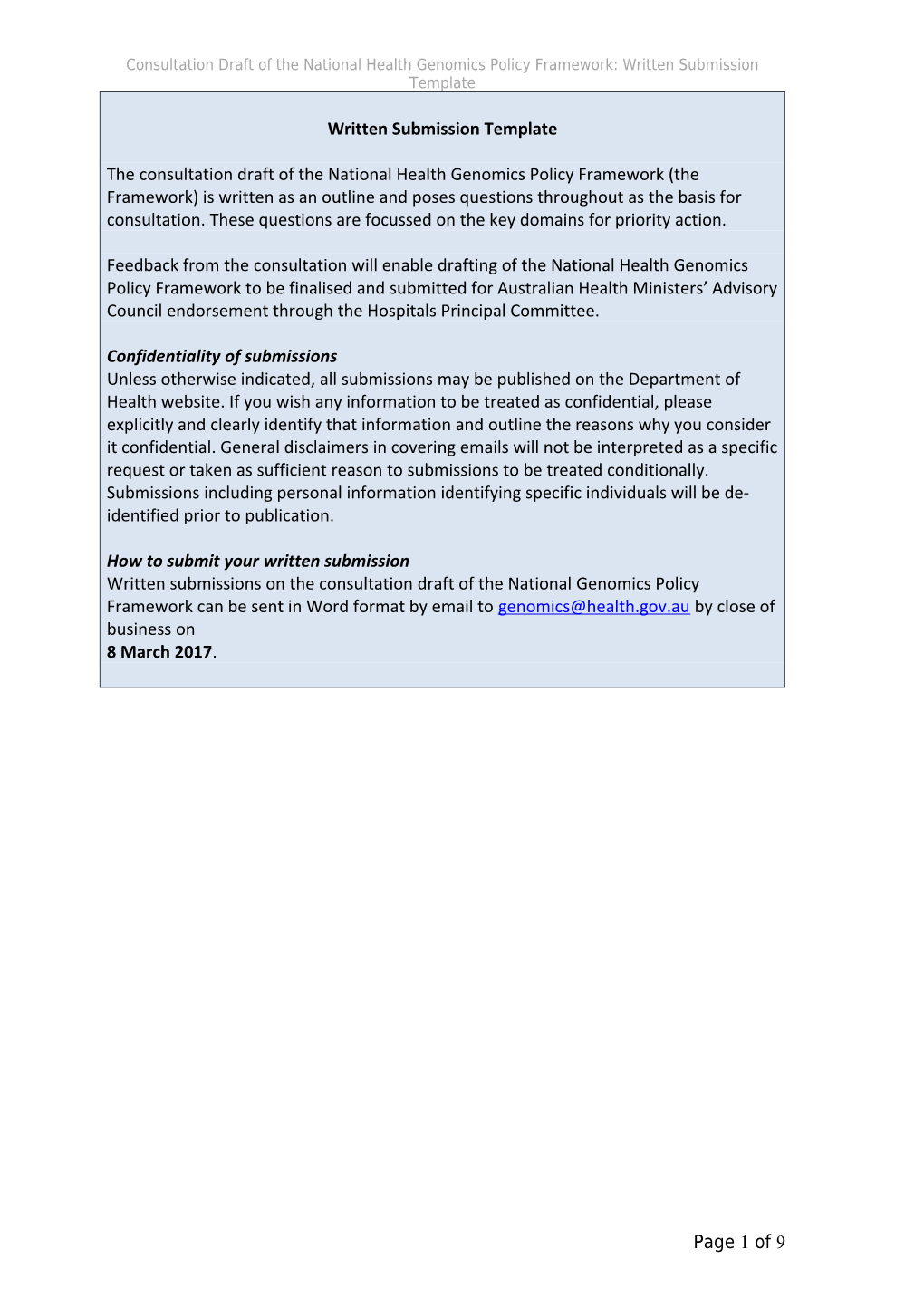 Consultation Draft of the National Health Genomics Policy Framework: Written Submission Template