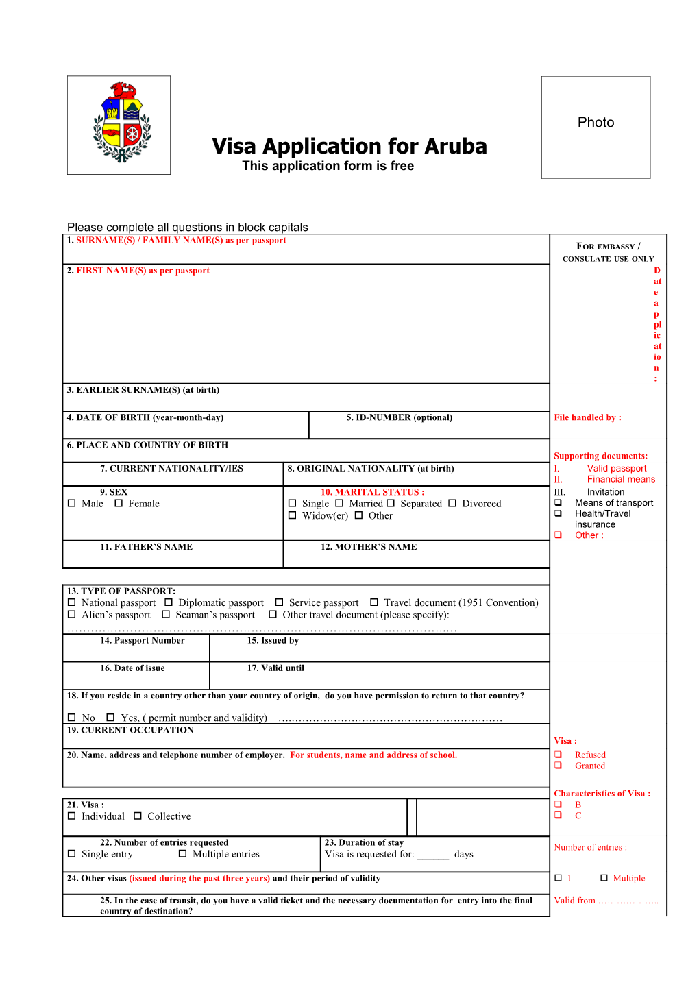 Visa Application for Aruba