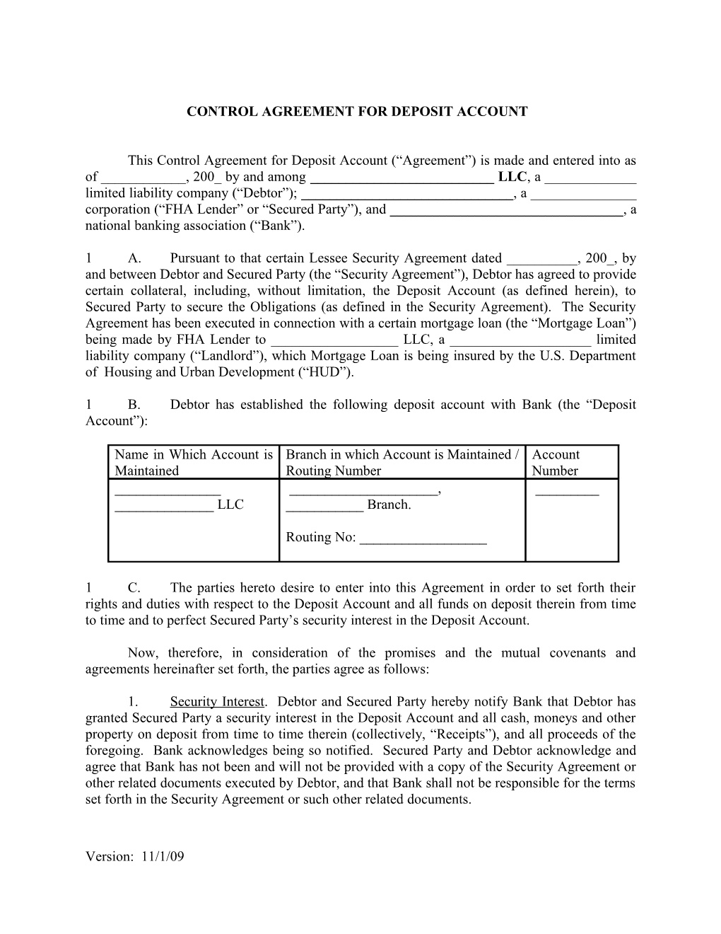 Control Agreement for Deposit Account