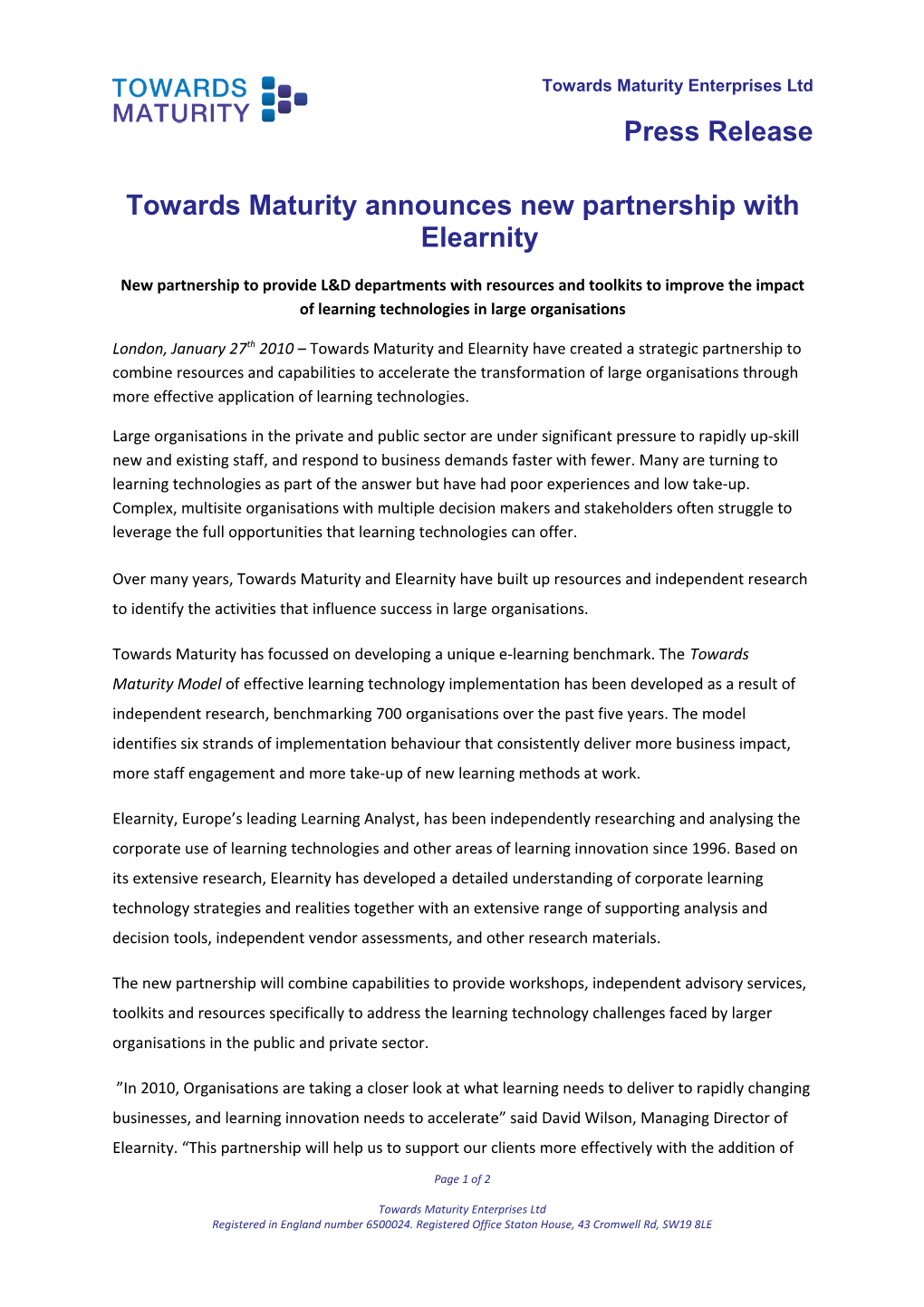 Towards Maturity Announcesnew Partnership with Elearnity