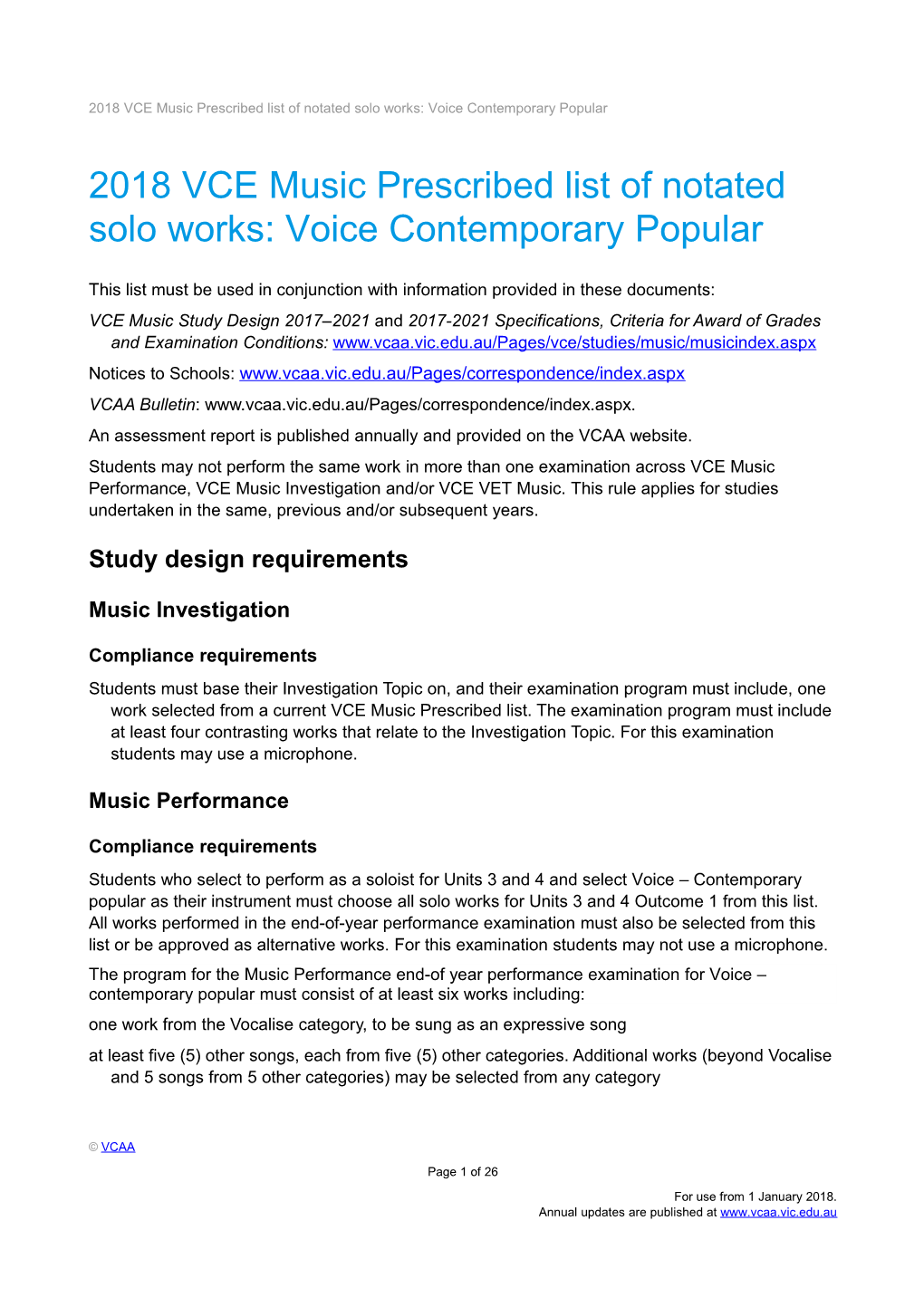 2018 VCE Music Prescribed List of Notated Solo Works: Voice Contemporary Popular