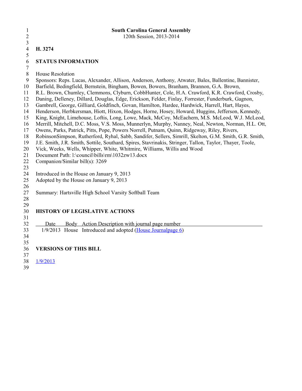 2013-2014 Bill 3274: Hartsville High School Varsity Softball Team - South Carolina Legislature