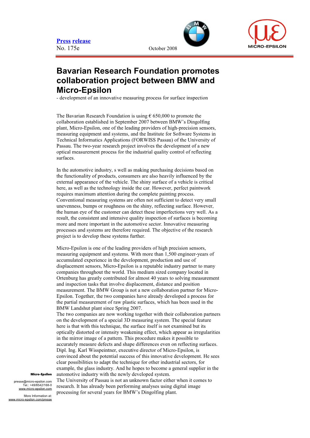 Bavarian Research Foundation Promotes Collaboration Project Between BMW and Micro-Epsilon