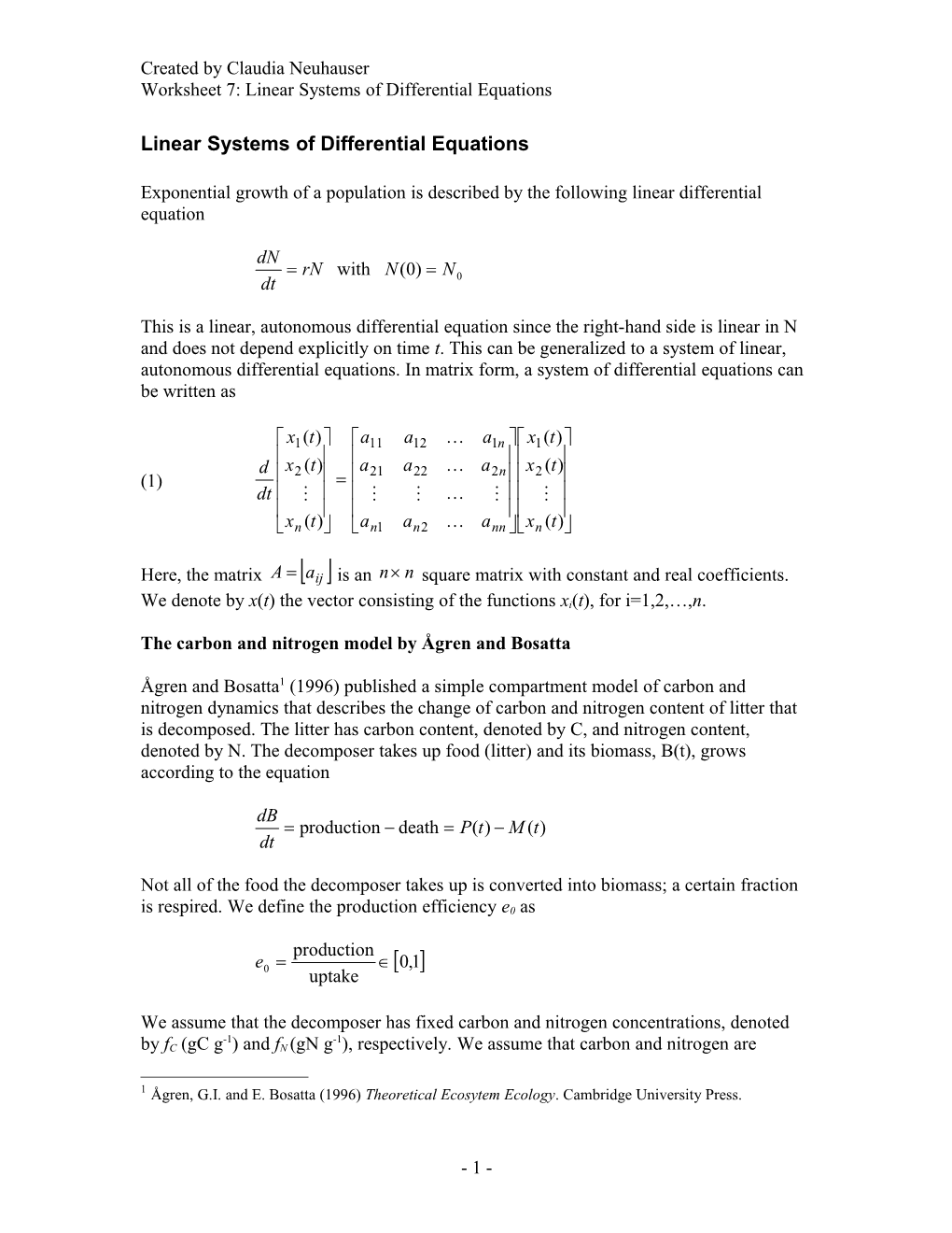 Linear Systems of Differential Equations