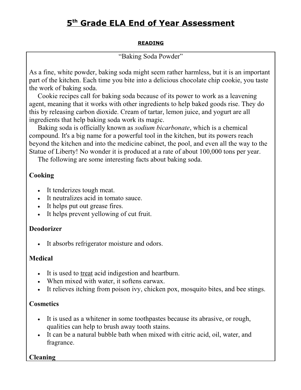 Colorado 5Th Grade ELA End of Year Assessment