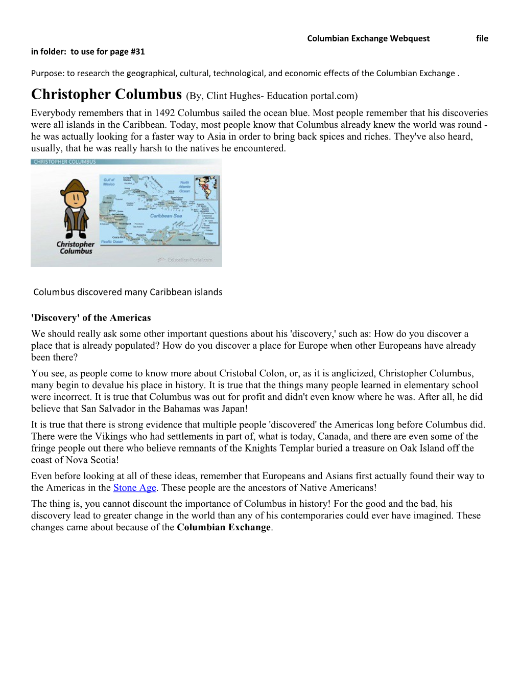 Columbian Exchange Webquest File in Folder: to Use for Page #31