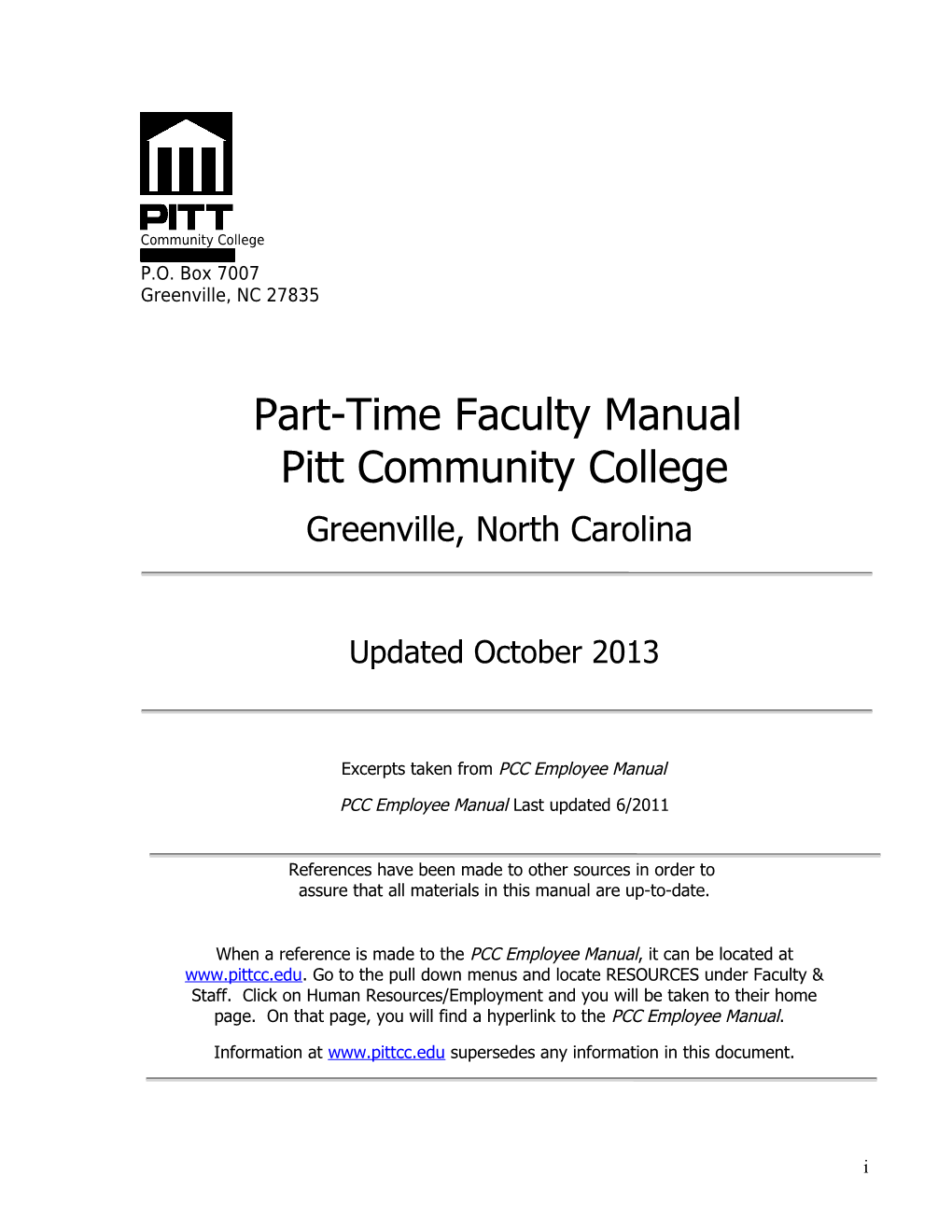 Part-Time Faculty Manual Pitt Community College