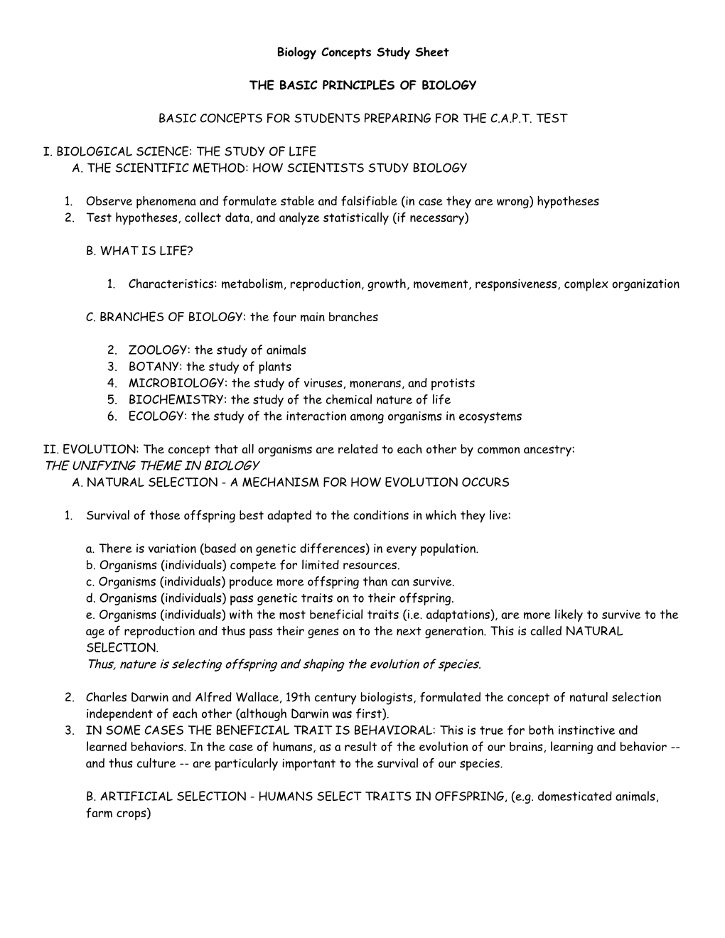 Biology Concepts Study Sheet