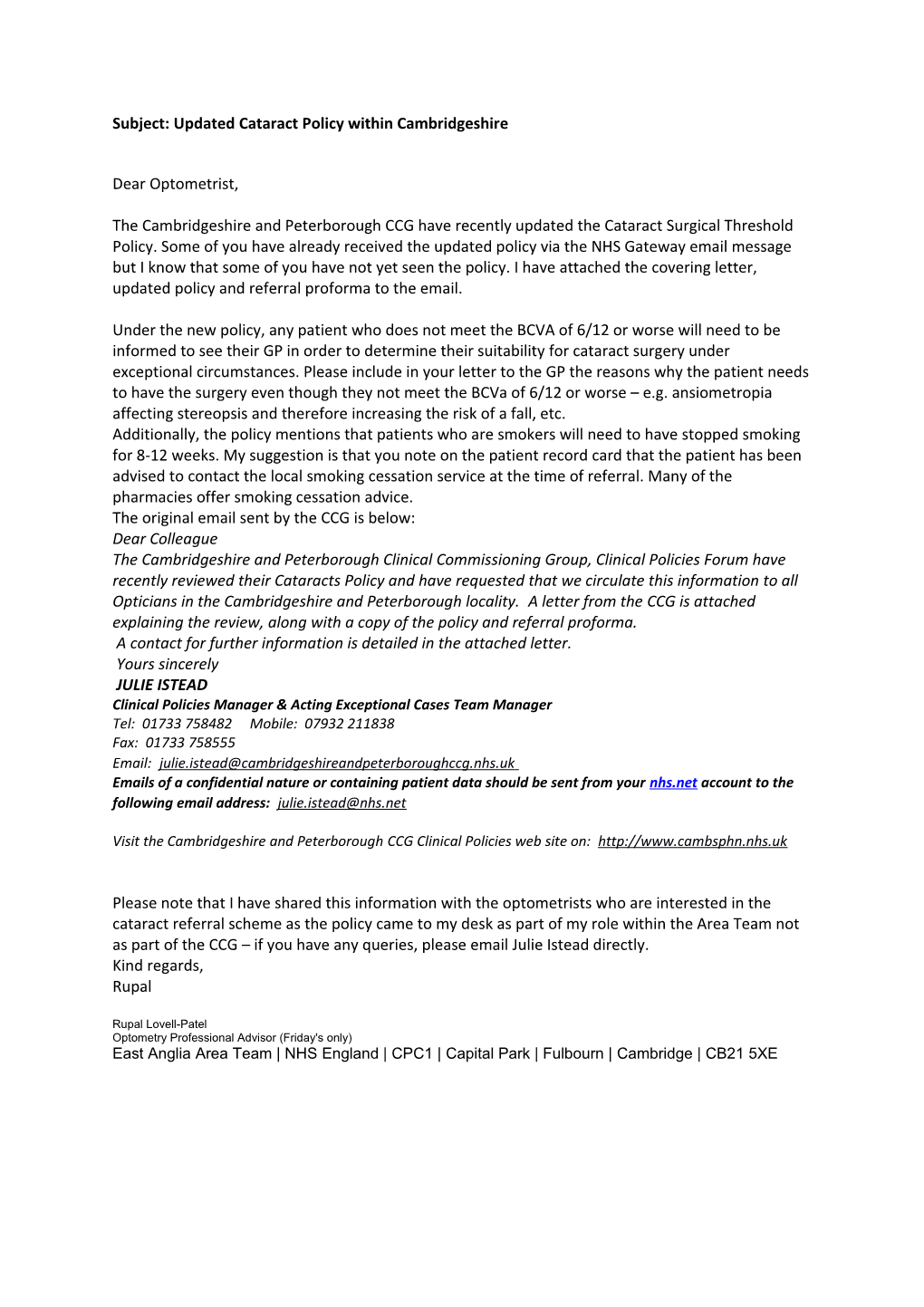 Subject:Updated Cataract Policy Within Cambridgeshire