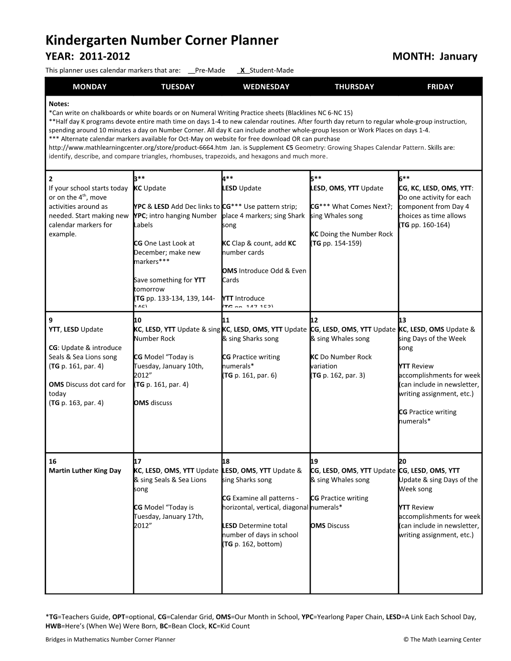 Kindergarten Number Corner Planner s2