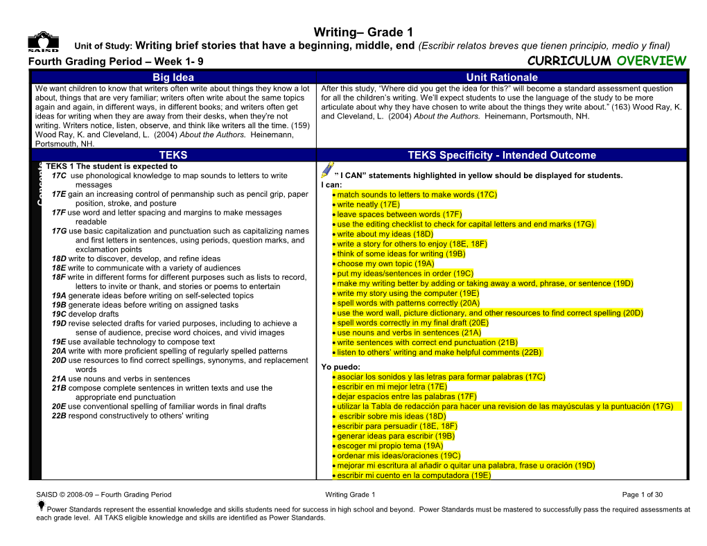 Fourth Grading Period Week 1- 9 CURRICULUM OVERVIEW