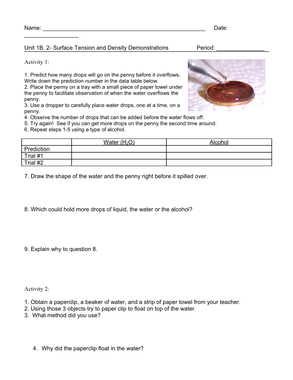 Unit 1B. 2- Surface Tension and Density Demonstrations Period: ______