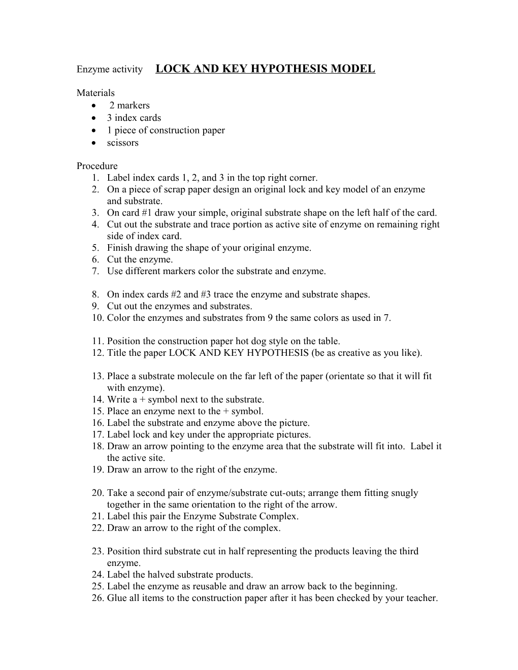 Enzyme Activity LOCK and KEY HYPOTHESIS MODEL