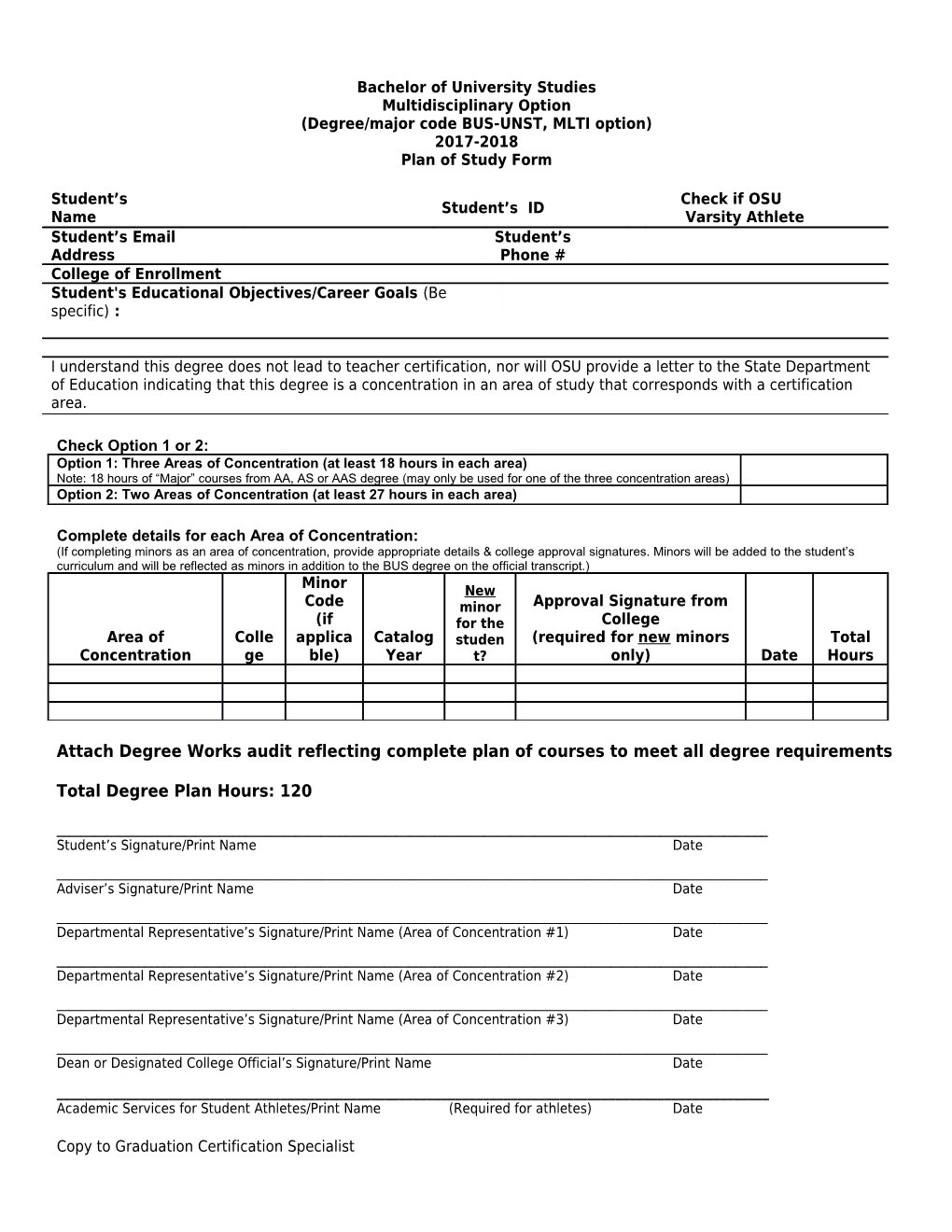 Degree/Major Code BUS-UNST, MLTI Option