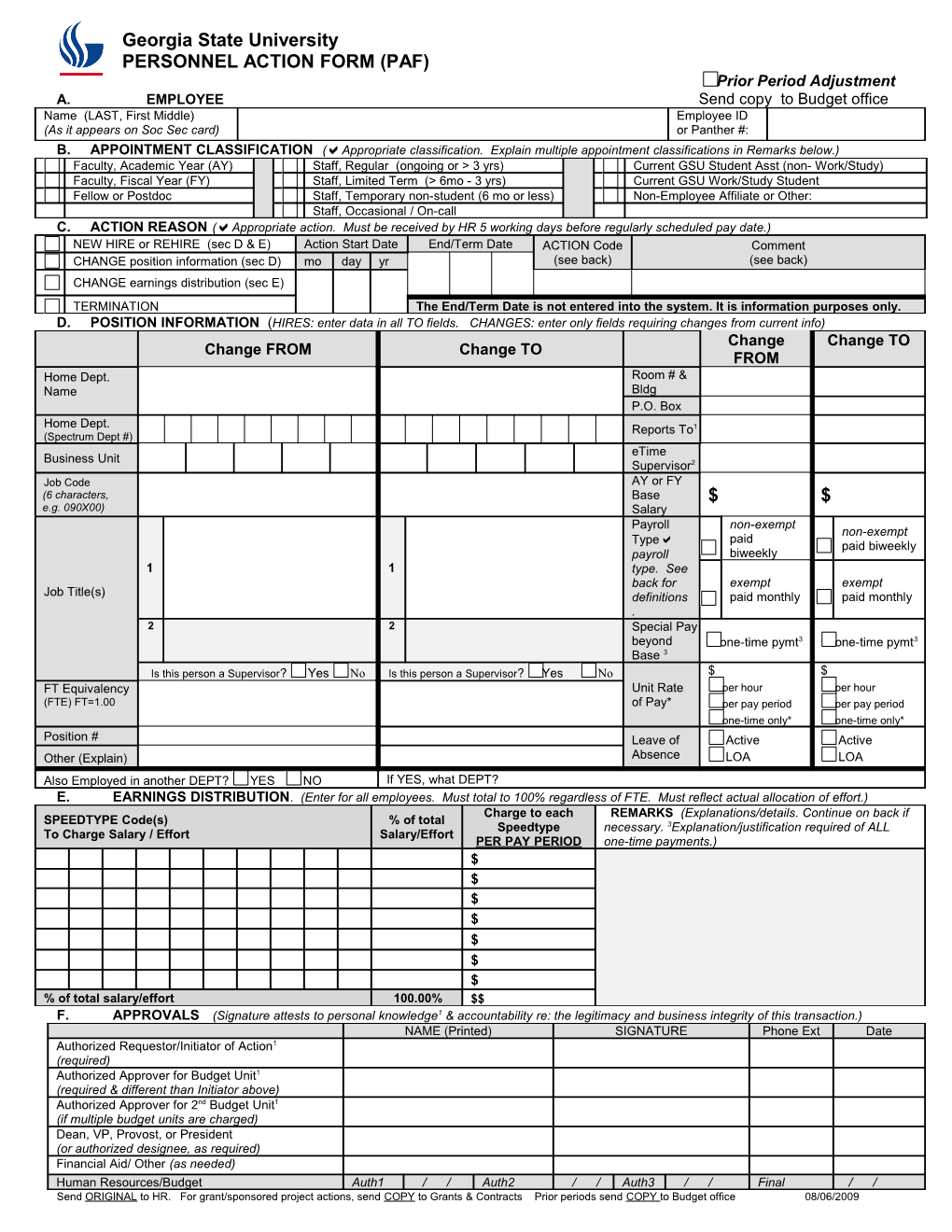 PAYROLL ACTION FORM (PAF) Georgia State University