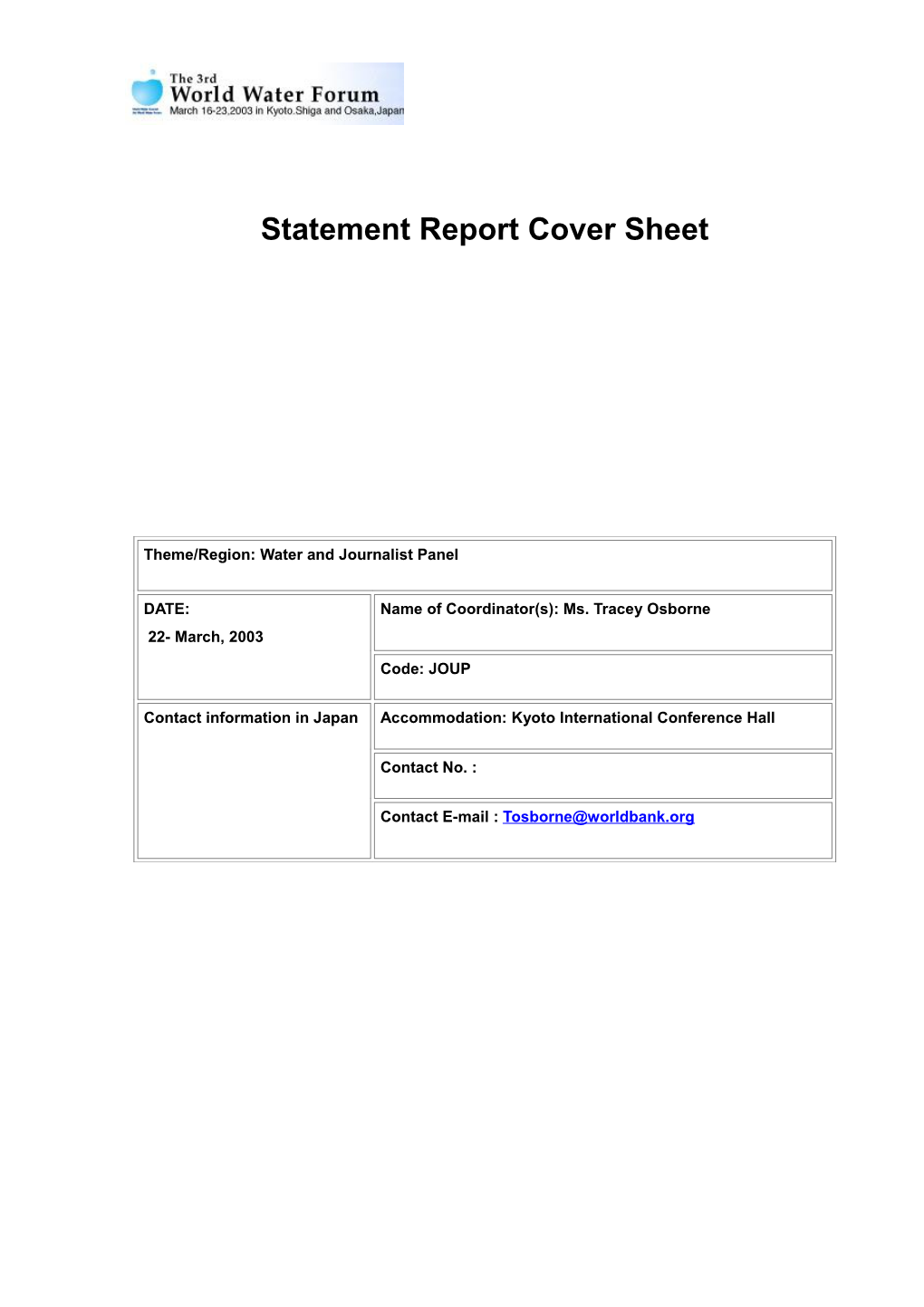 Statement Report Cover Sheet
