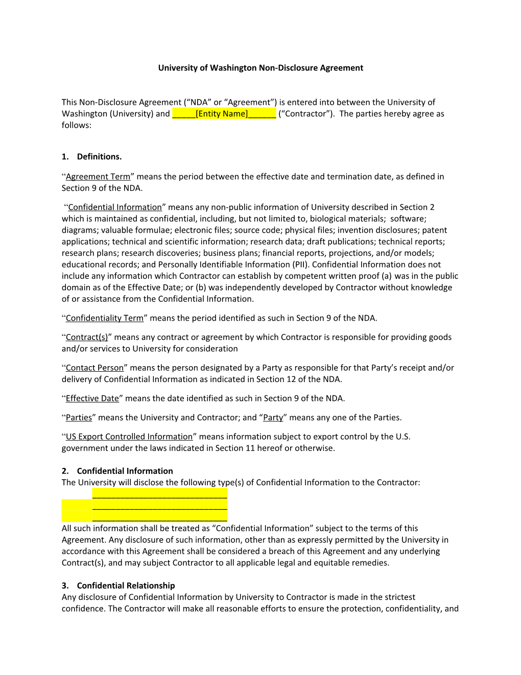 University of Washington Non-Disclosure Agreement