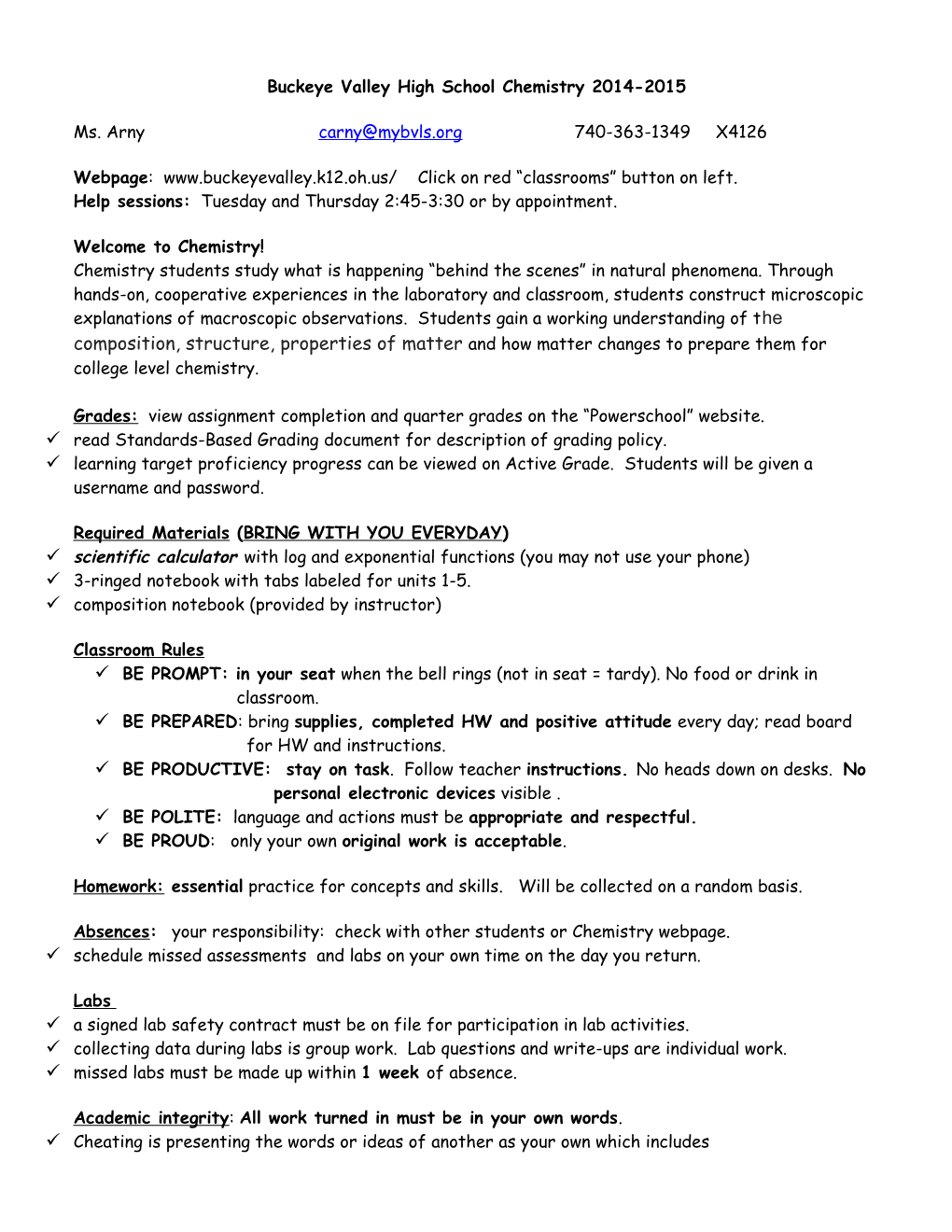 Buckeye Valley High School Chemistry 2014-2015