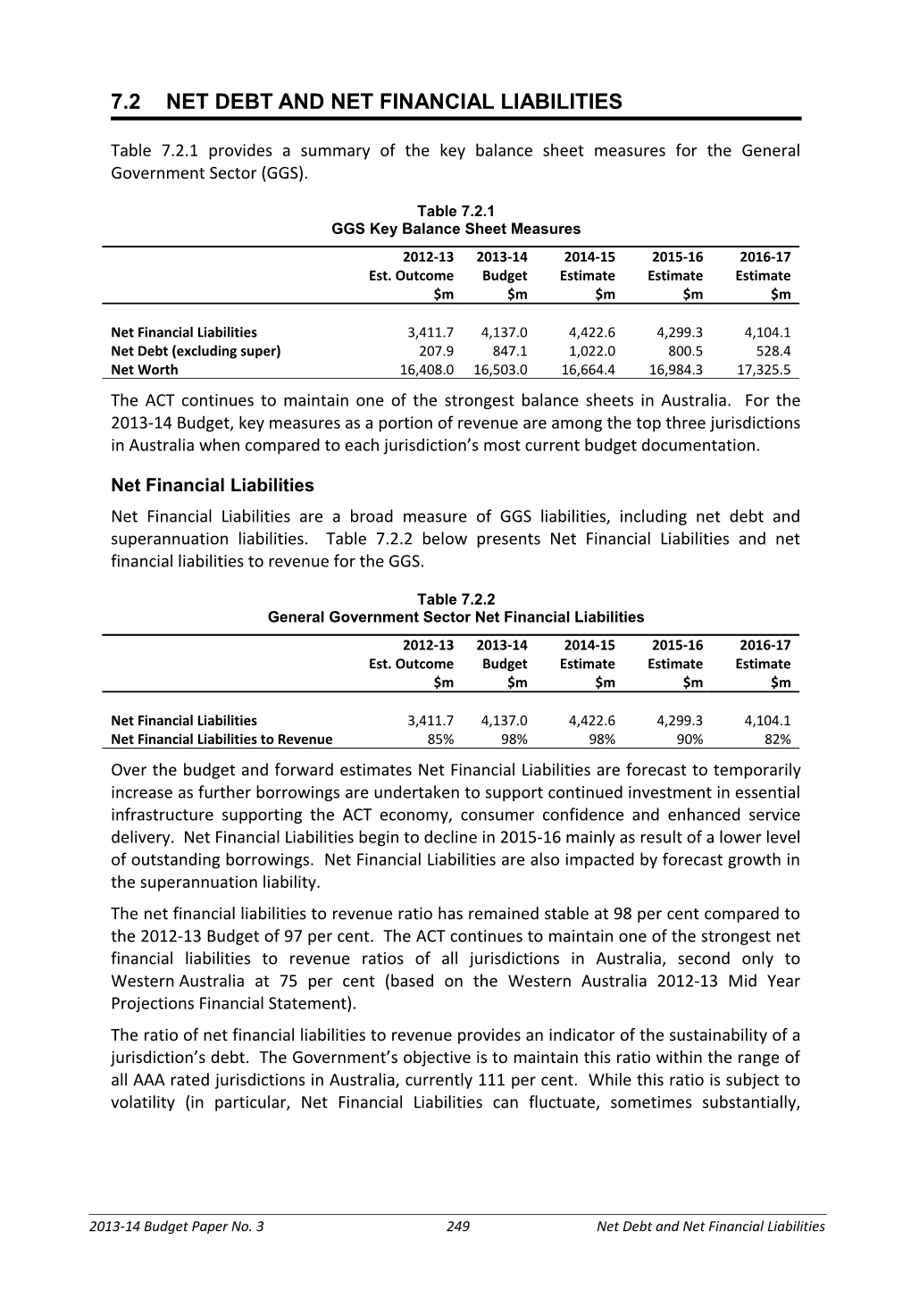 2013-14 Budget Paper 3: 7.2 Net Debt and Net Financial Liabilities