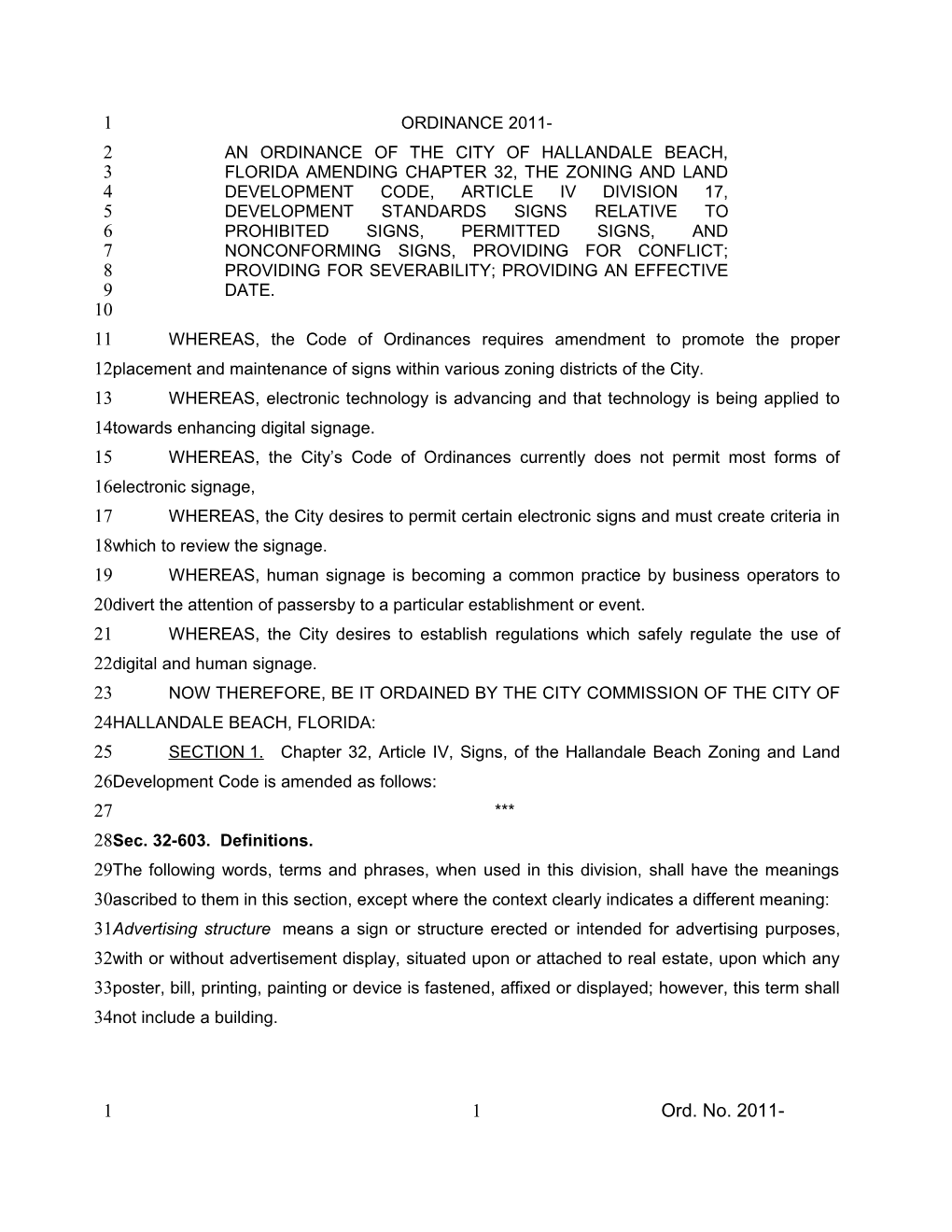 An Ordinance of the City of Hallandale Beach, Florida Amending Chapter 32, the Zoning And
