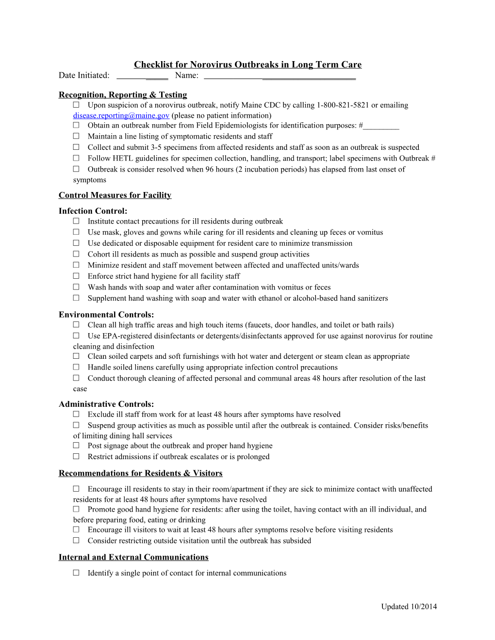 Checklist for Norovirus Outbreaks in Long Term Care