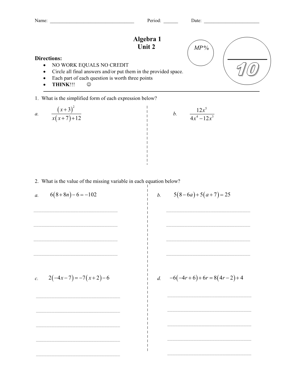 Circle All Final Answers And/Or Put Them in the Provided Space