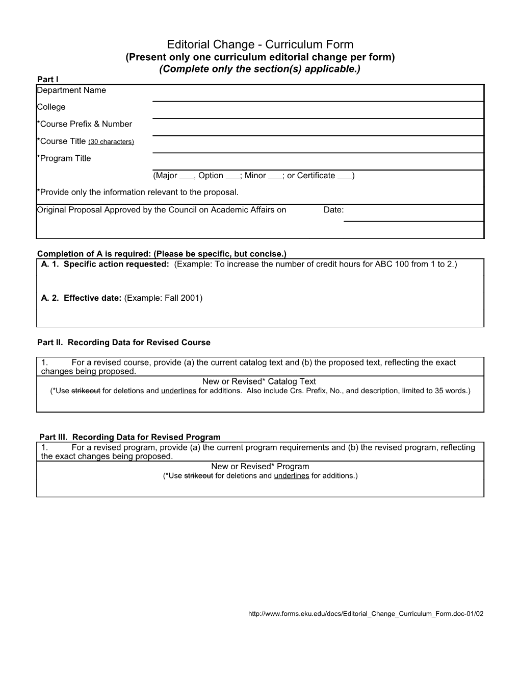 Editorial Change - Curriculum Form