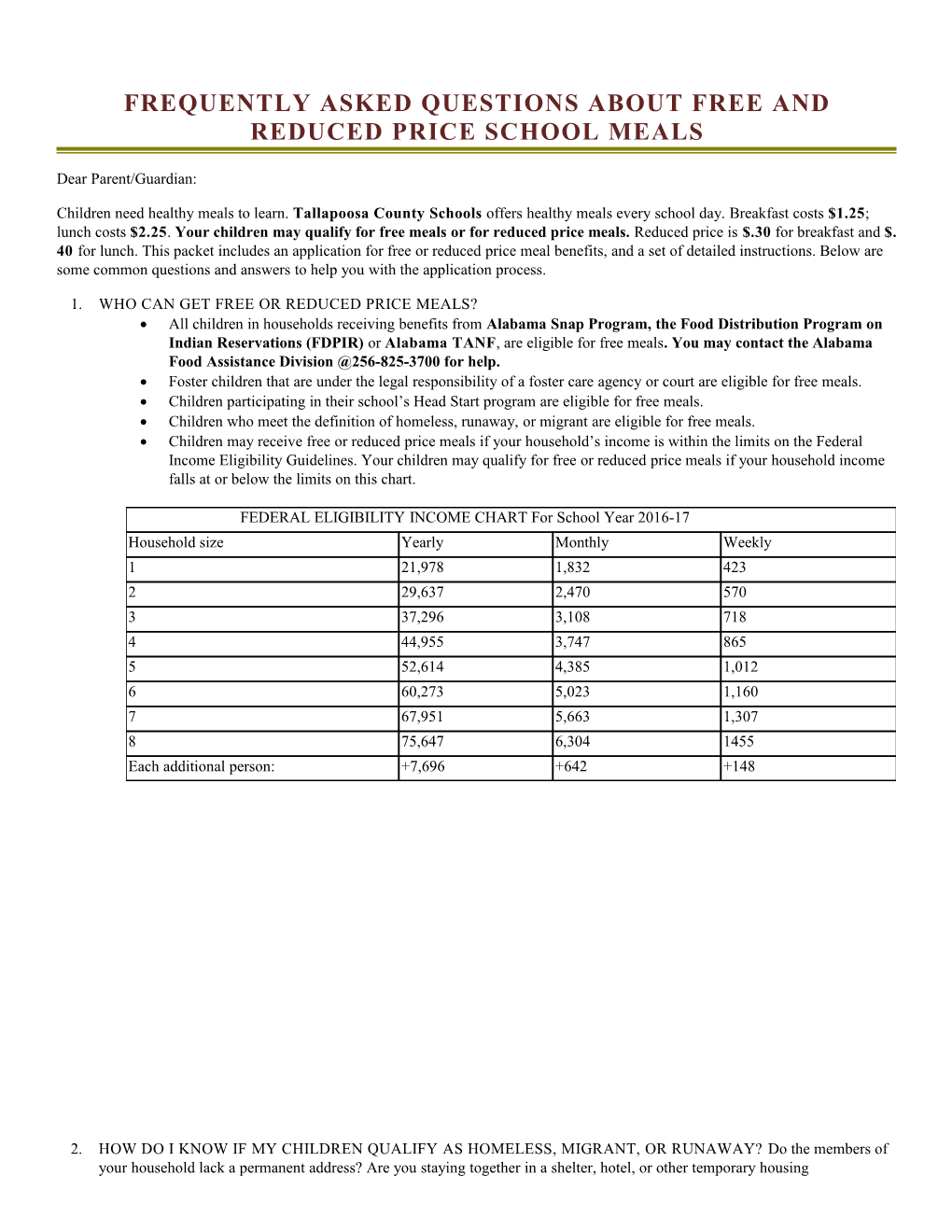 SY16-17 Frequently Asked Questions About Free and Reduced Price School Meals