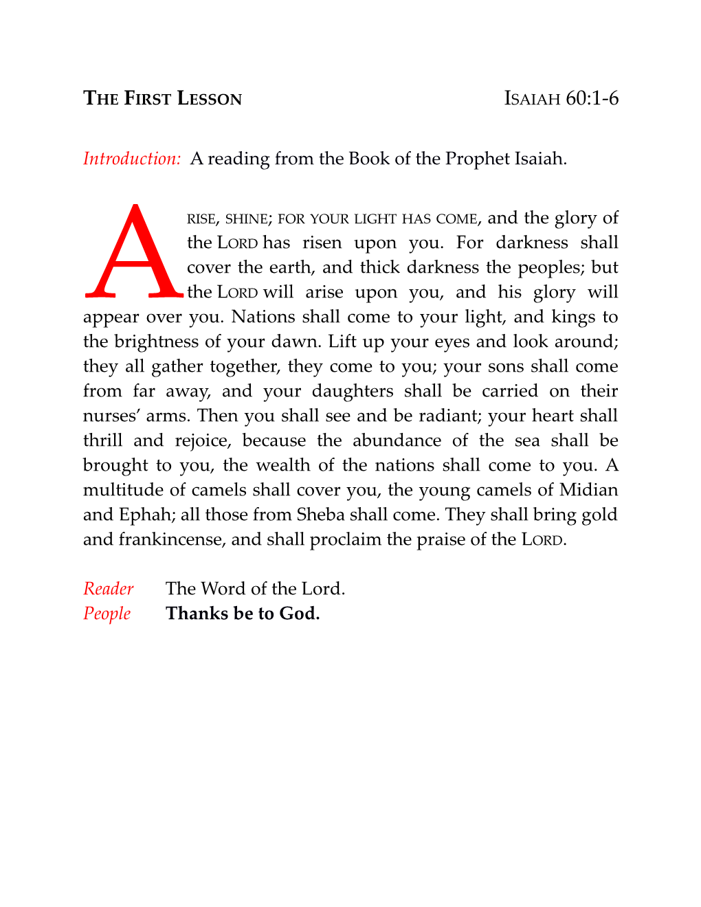 Introduction: a Reading from the Book of the Prophet Isaiah
