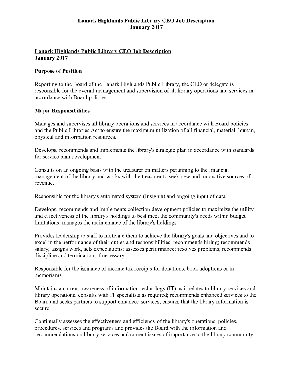 Lanark Highlands Public Library CEO Job Description