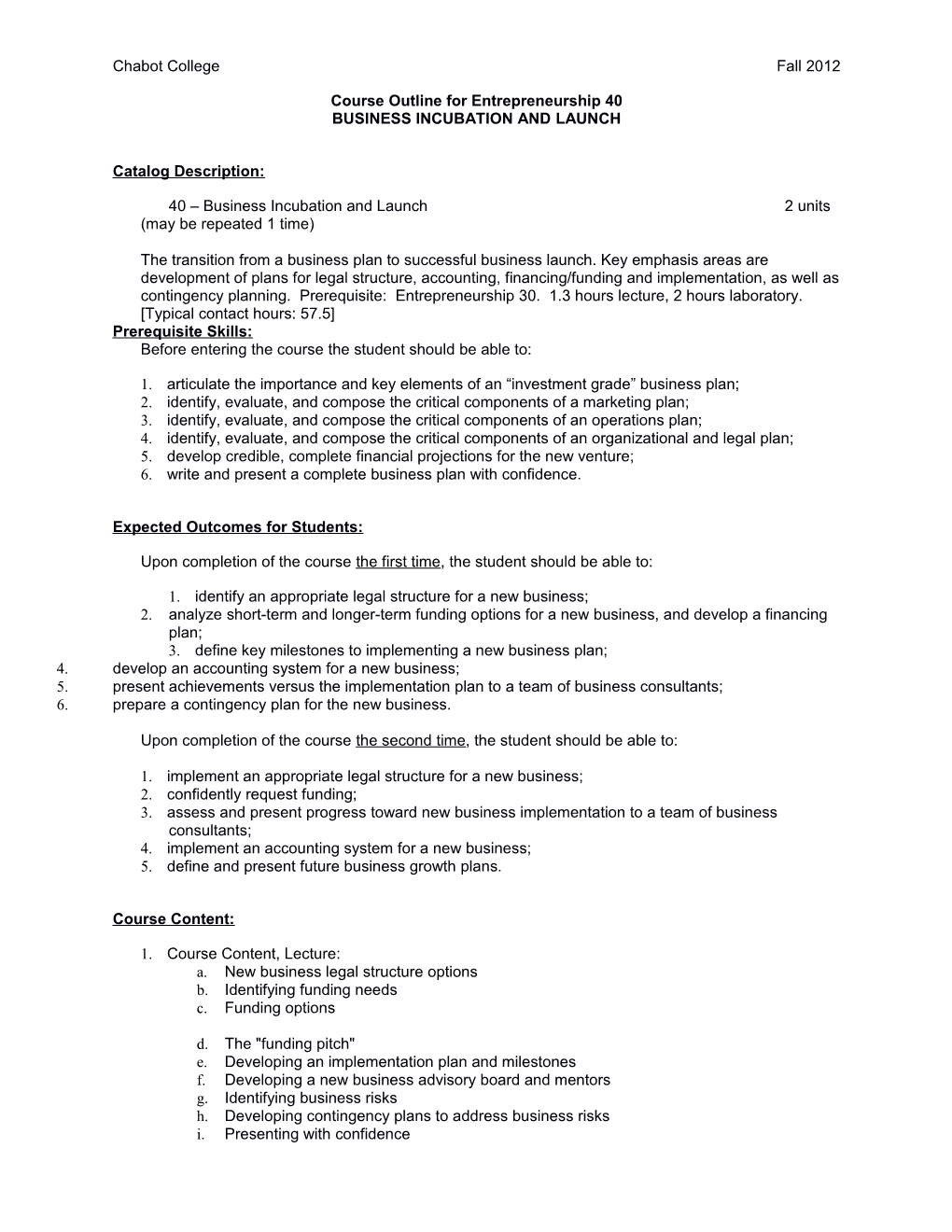 Course Outline for Entrepreneurship 40, Page 2