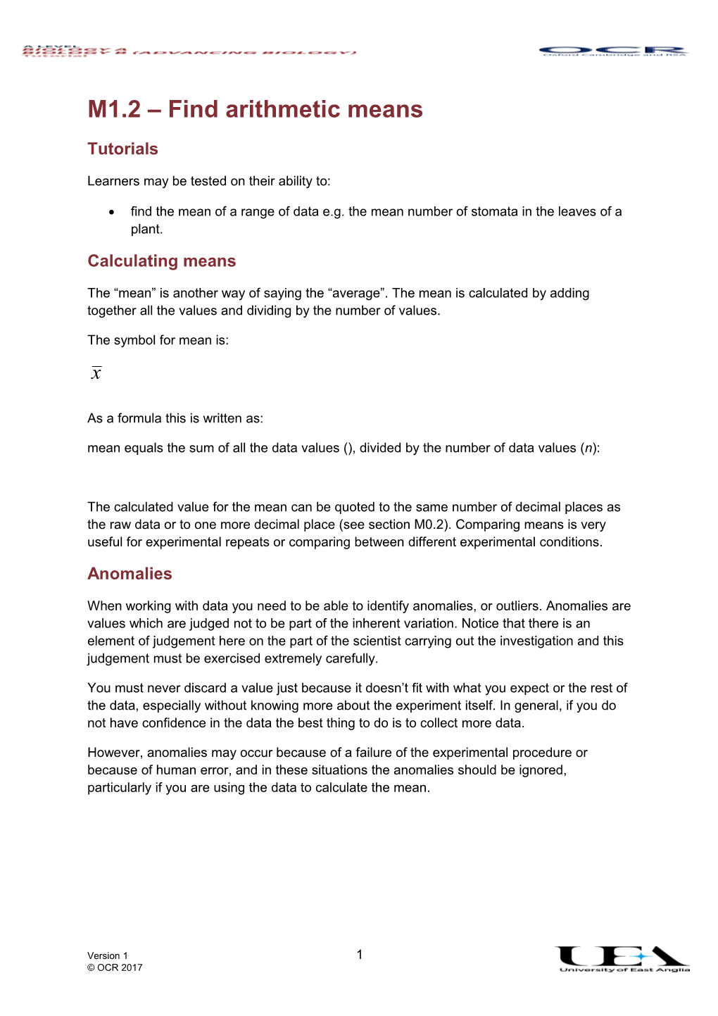 Maths in Biology M1.2 Find Arithmetic Means Tutorial