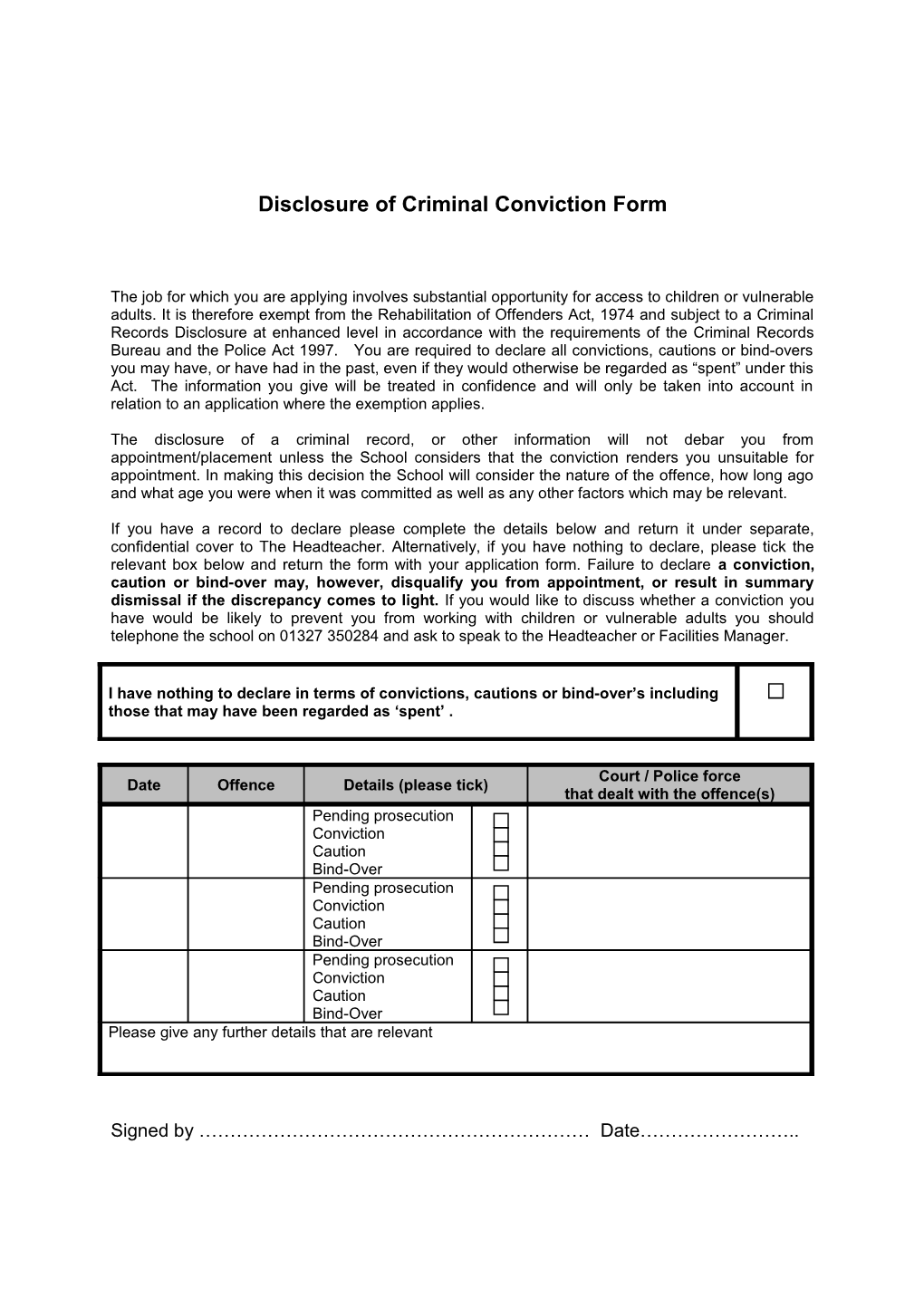 Disclosure of Criminal Conviction Form