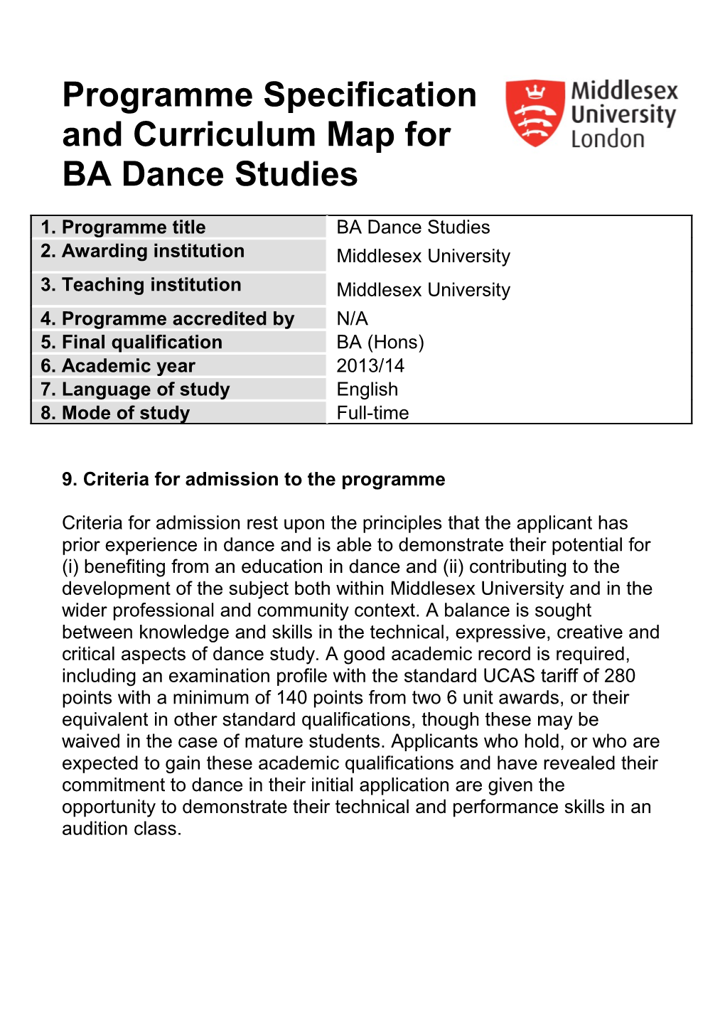 9. Criteria for Admission to the Programme