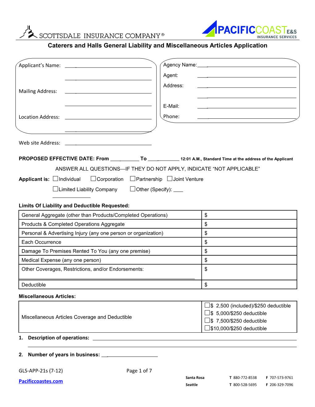 Caterers and Halls General Liability and Miscellaneous Articles Application