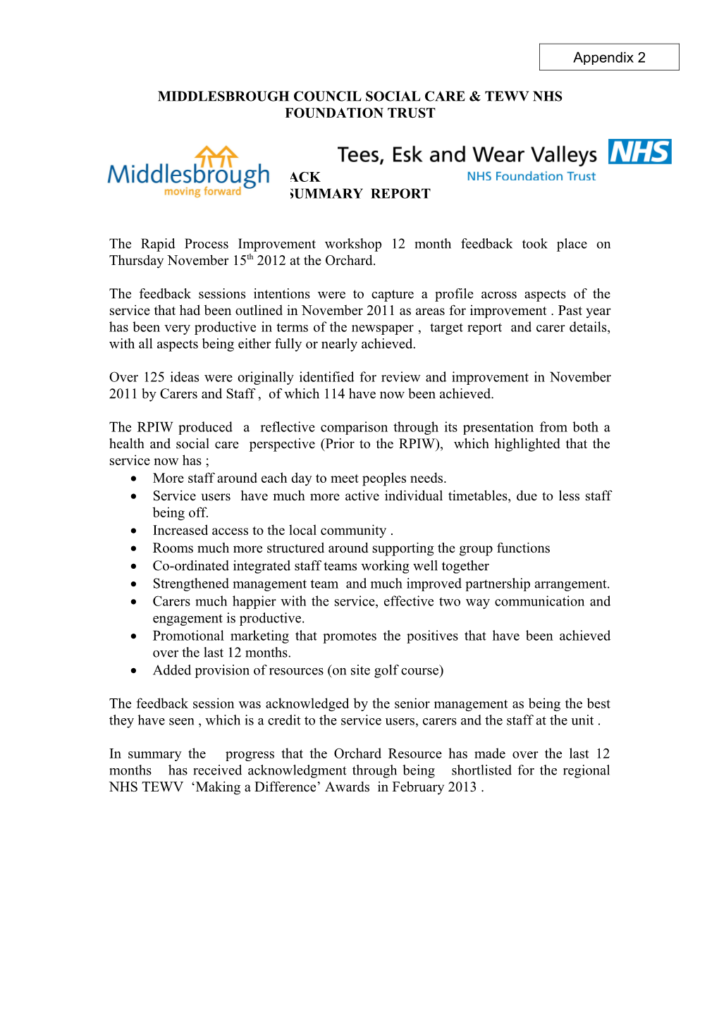 Middlesbrough Council Social Care & Tewv Nhs Foundation Trust