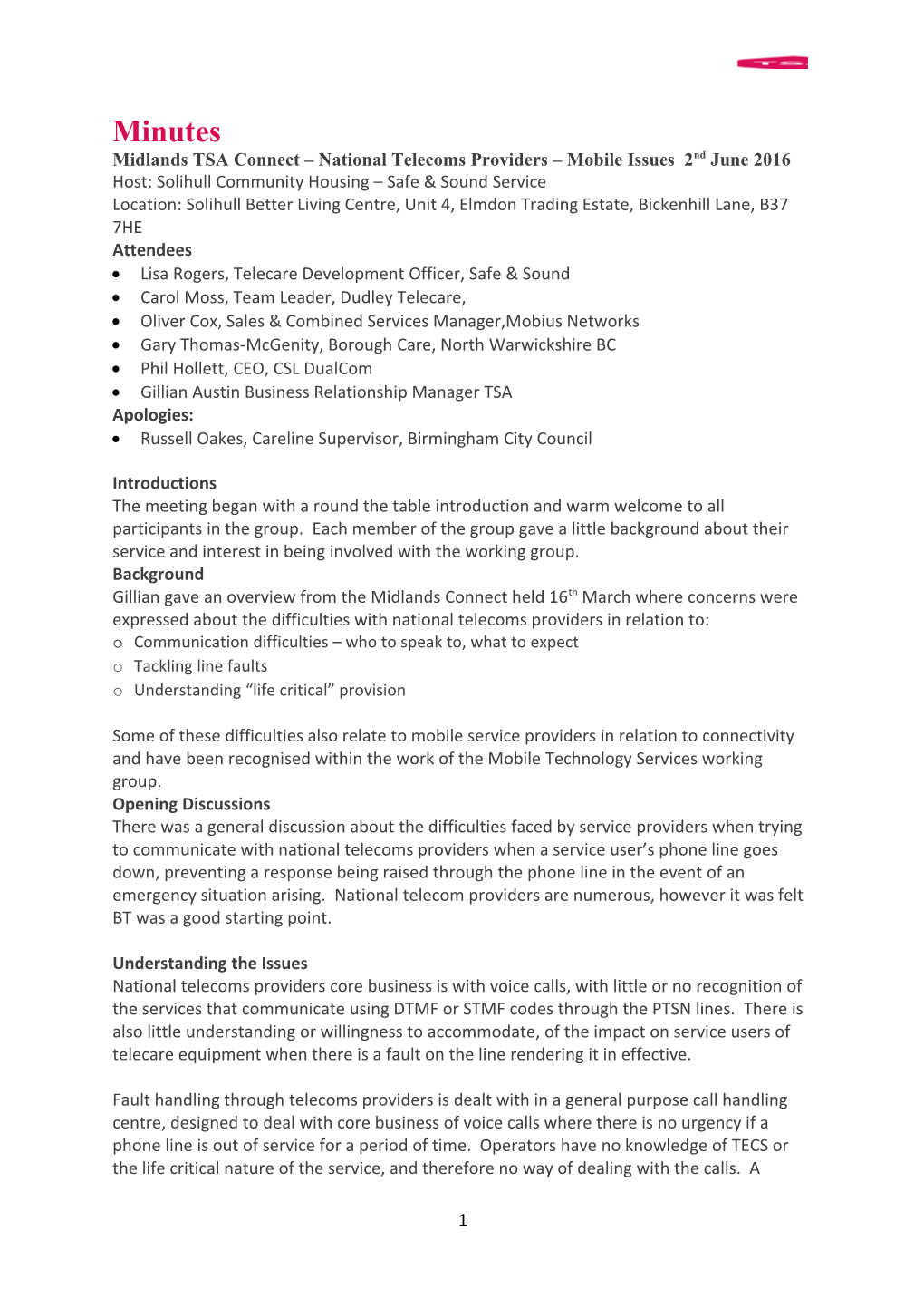 Midlands TSA Connect National Telecoms Providers Mobile Issues 2Nd June 2016