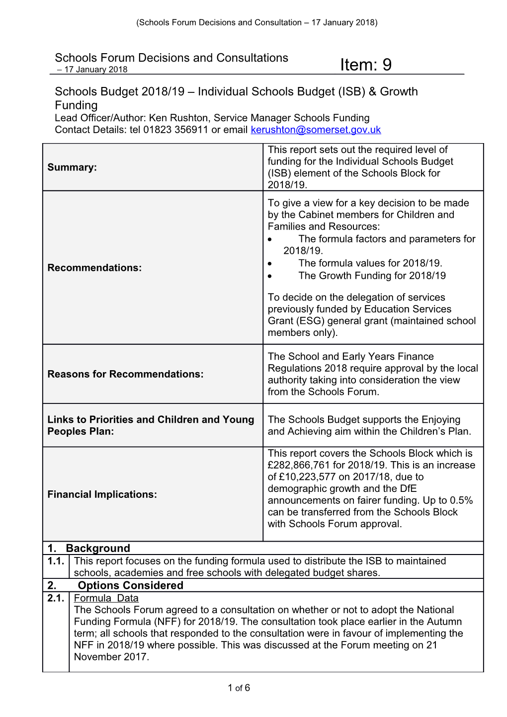 SSF 17 January 2018 Agenda Item 9 ISB 2018.19