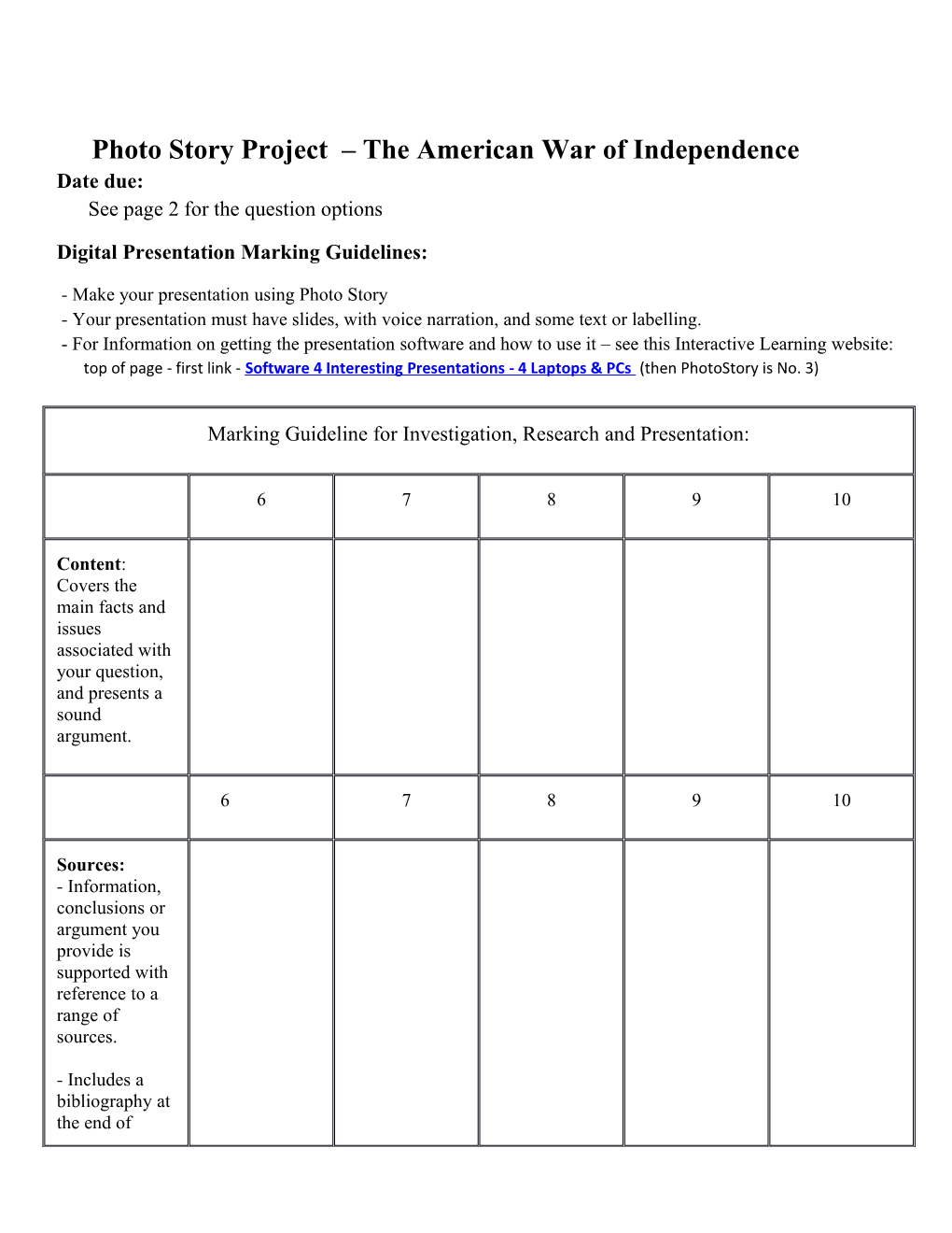 The American War of Independence- Photo Story Question Options